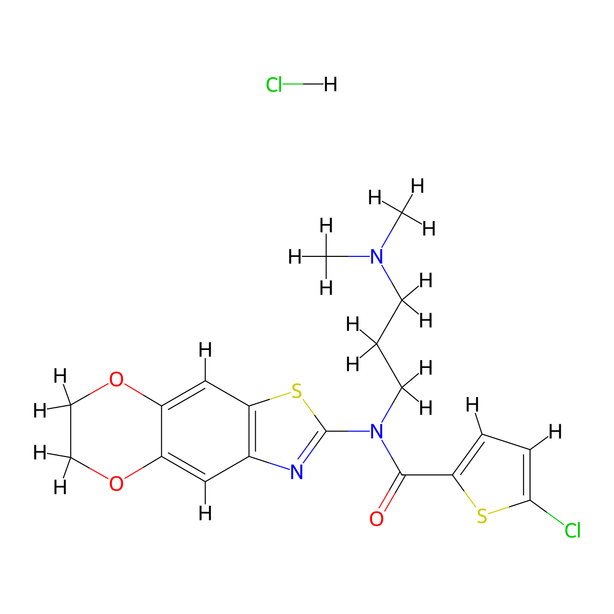 5-chloro-N-(6,7-dihydro-[1,4]dioxino[2',3':4,5]benzo[1,2-d]thiazol-2-yl)-N-(3-(dimethylamino)propyl)thiophene-2-carboxamide hydrochloride molecular structure, CAS 1328685-27-3