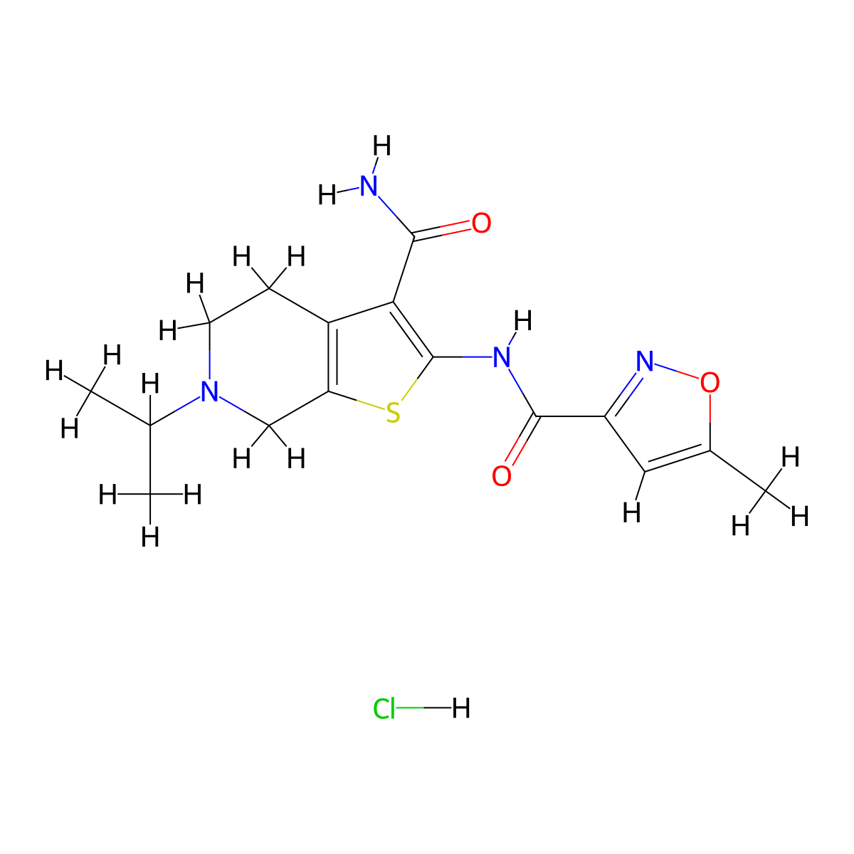 N-(3-carbamoyl-6-isopropyl-4,5,6,7-tetrahydrothieno[2,3-c]pyridin-2-yl)-5-methylisoxazole-3-carboxamide hydrochloride molecular structure, CAS 1328715-29-2