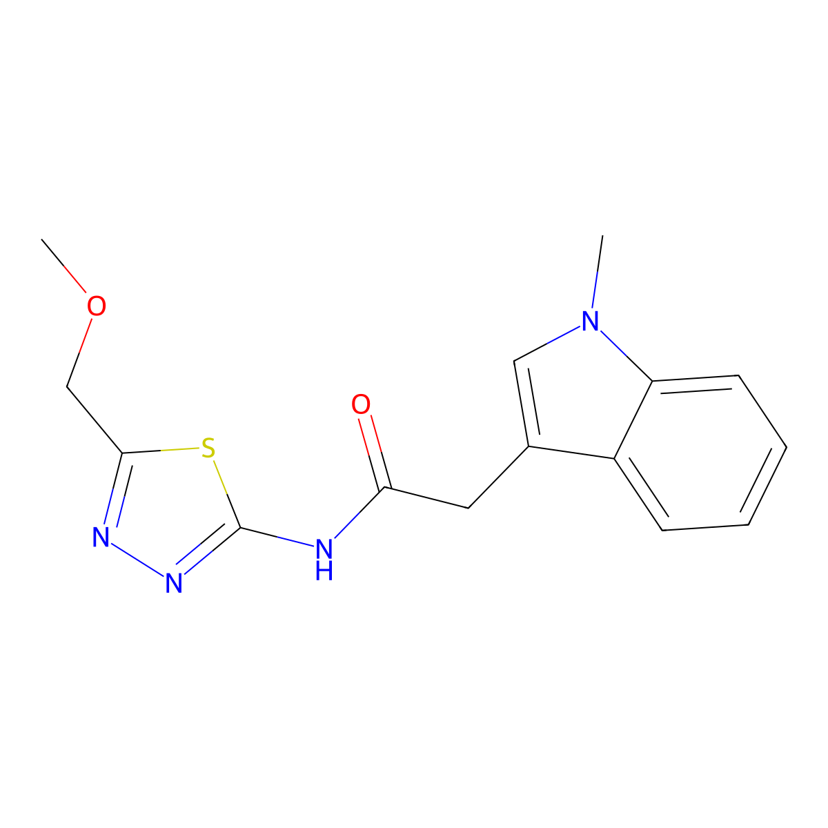 N-(5-(methoxymethyl)-1,3,4-thiadiazol-2-yl)-2-(1-methyl-1H-indol-3-yl)acetamide molecular structure, CAS 1329056-49-6