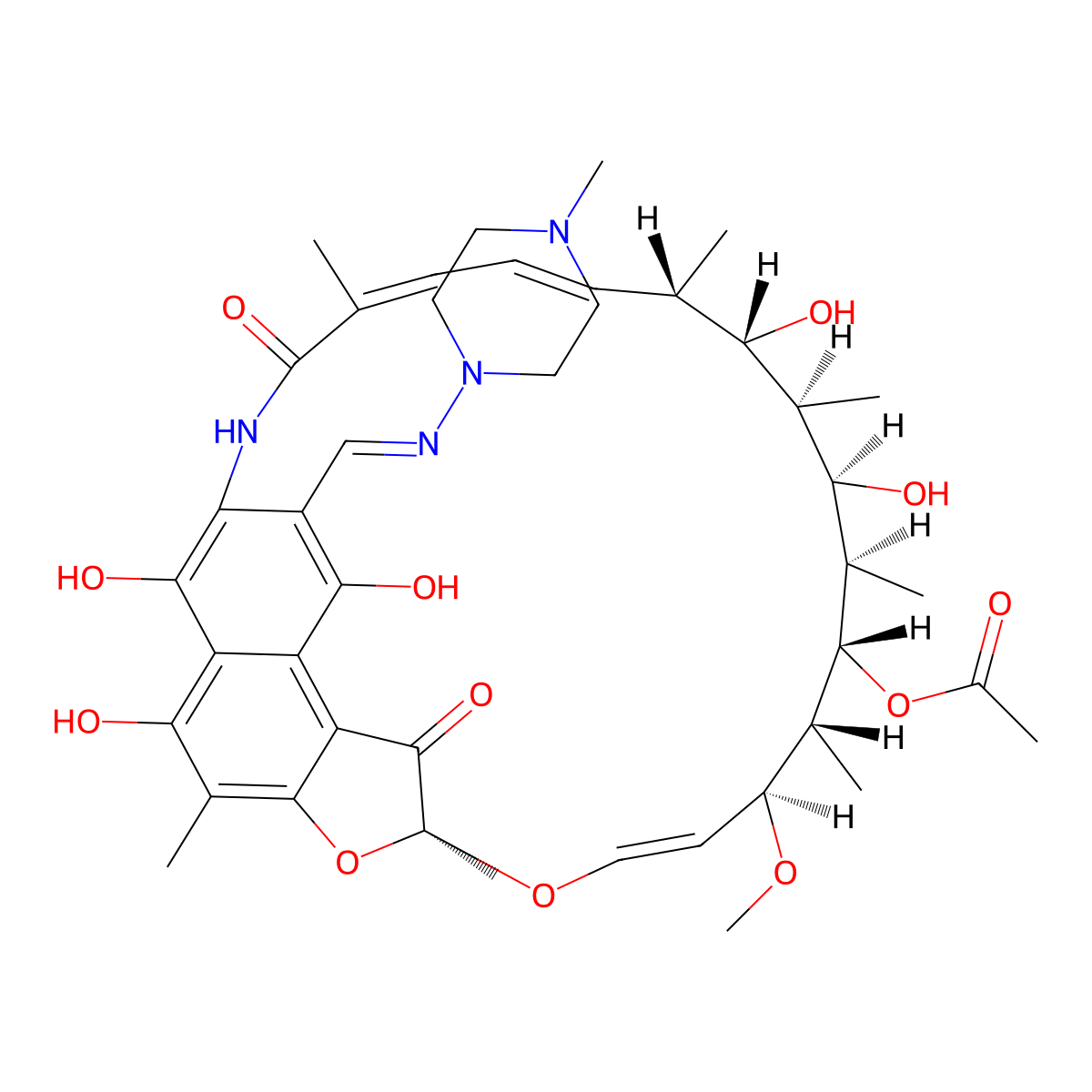 Rifampicin molecular structure, CAS 13292-46-1