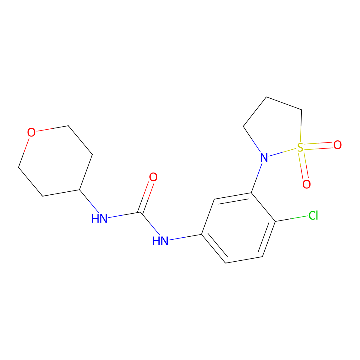 1-(4-chloro-3-(1,1-dioxidoisothiazolidin-2-yl)phenyl)-3-(tetrahydro-2H-pyran-4-yl)urea molecular structure, CAS 1329312-92-6