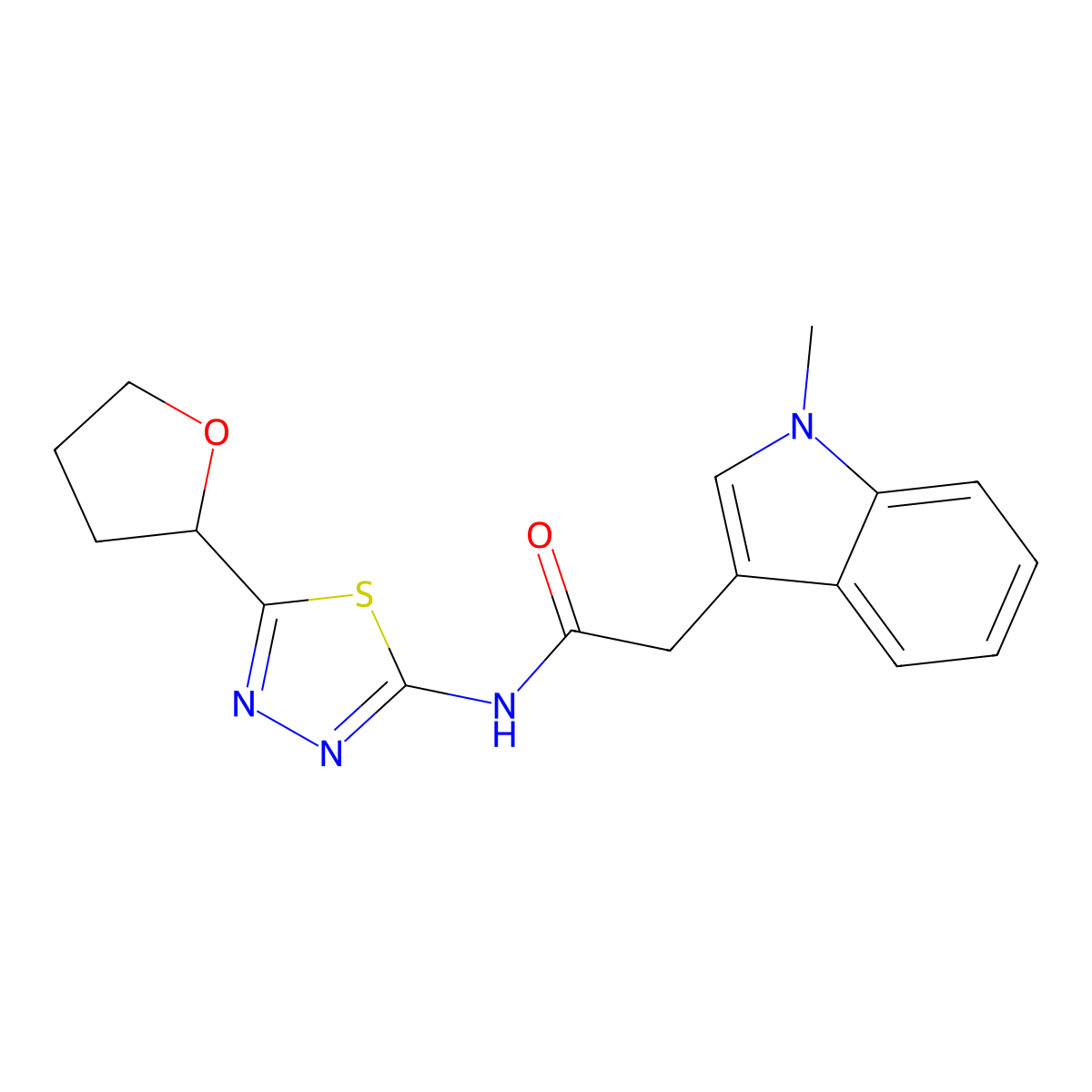 2-(1-methyl-1H-indol-3-yl)-N-(5-(tetrahydrofuran-2-yl)-1,3,4-thiadiazol-2-yl)acetamide molecular structure, CAS 1329396-32-8