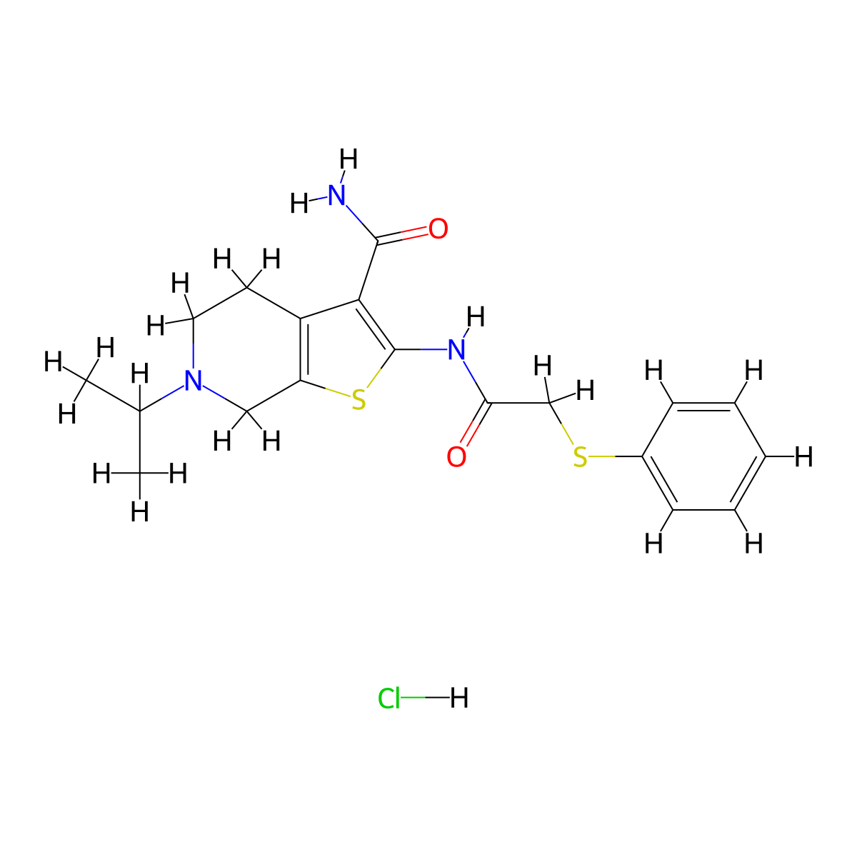 6-Isopropyl-2-(2-(phenylthio)acetamido)-4,5,6,7-tetrahydrothieno[2,3-c]pyridine-3-carboxamide hydrochloride molecular structure, CAS 1329409-31-5