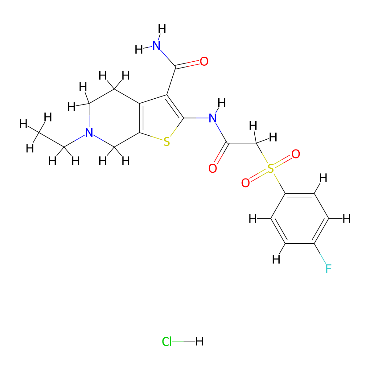6-Ethyl-2-(2-((4-fluorophenyl)sulfonyl)acetamido)-4,5,6,7-tetrahydrothieno[2,3-c]pyridine-3-carboxamide hydrochloride molecular structure, CAS 1329637-50-4