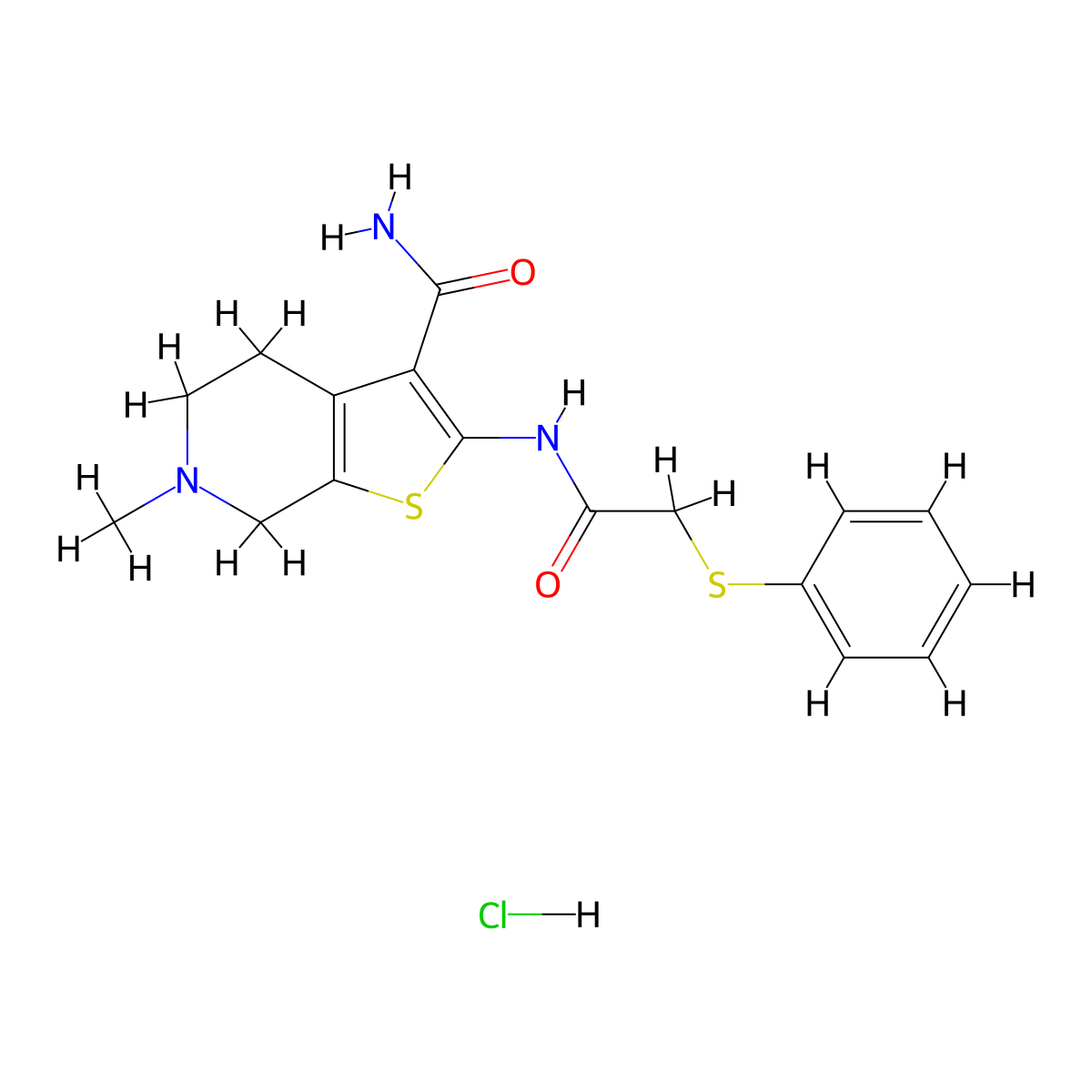 6-Methyl-2-(2-(phenylthio)acetamido)-4,5,6,7-tetrahydrothieno[2,3-c]pyridine-3-carboxamide hydrochloride molecular structure, CAS 1329637-61-7
