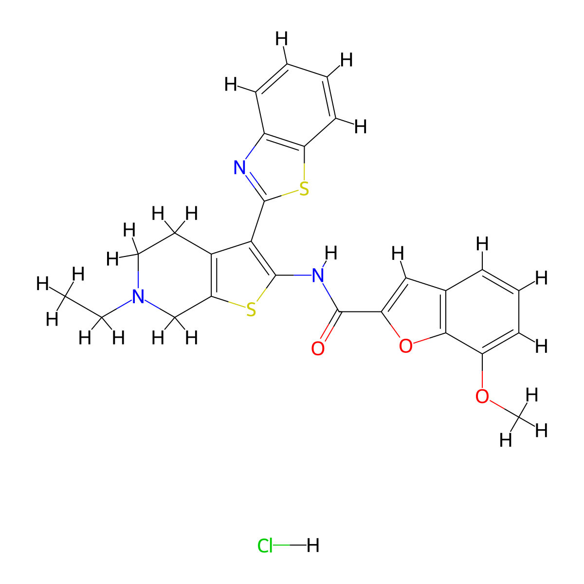 N-(3-(benzo[d]thiazol-2-yl)-6-ethyl-4,5,6,7-tetrahydrothieno[2,3-c]pyridin-2-yl)-7-methoxybenzofuran-2-carboxamide hydrochloride molecular structure, CAS 1329644-17-8