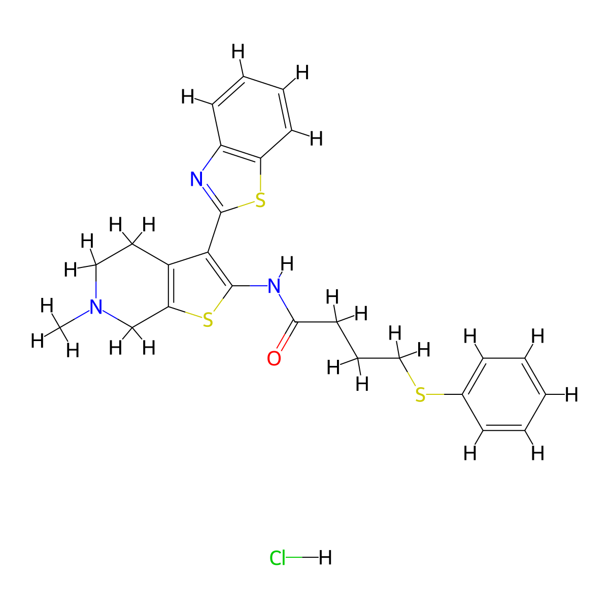 N-(3-(benzo[d]thiazol-2-yl)-6-methyl-4,5,6,7-tetrahydrothieno[2,3-c]pyridin-2-yl)-4-(phenylthio)butanamide hydrochloride molecular structure, CAS 1329649-77-5