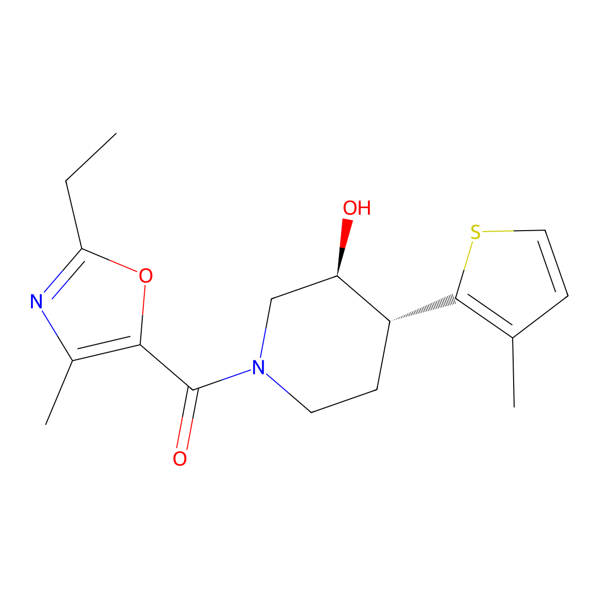 (3S*,4R*)-1-[(2-ethyl-4-methyl-1,3-oxazol-5-yl)carbonyl]-4-(3-methyl-2-thienyl)piperidin-3-ol molecular structure, CAS 1329836-91-0