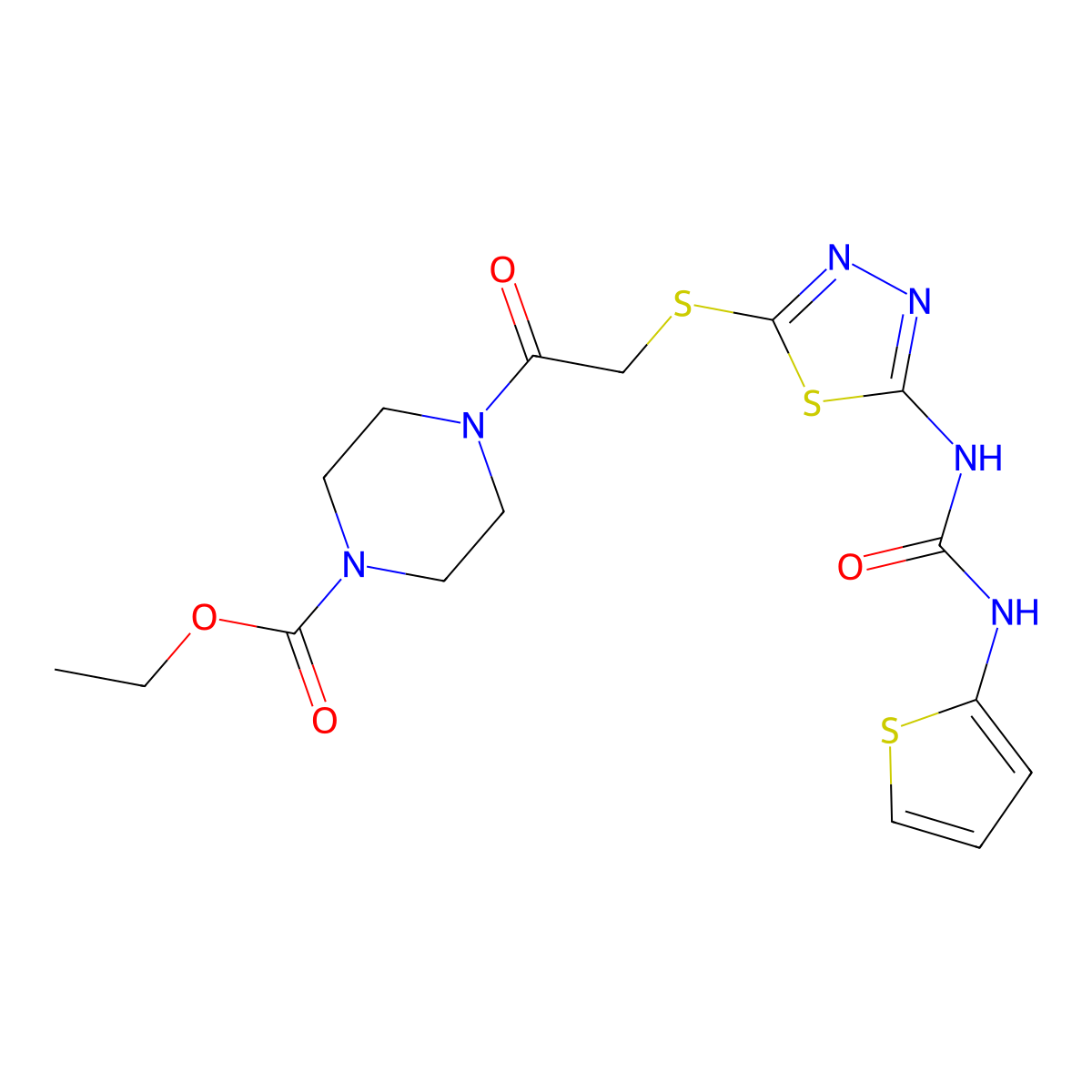 Ethyl 4-(2-((5-(3-(thiophen-2-yl)ureido)-1,3,4-thiadiazol-2-yl)thio)acetyl)piperazine-1-carboxylate molecular structure, CAS 1329848-66-9