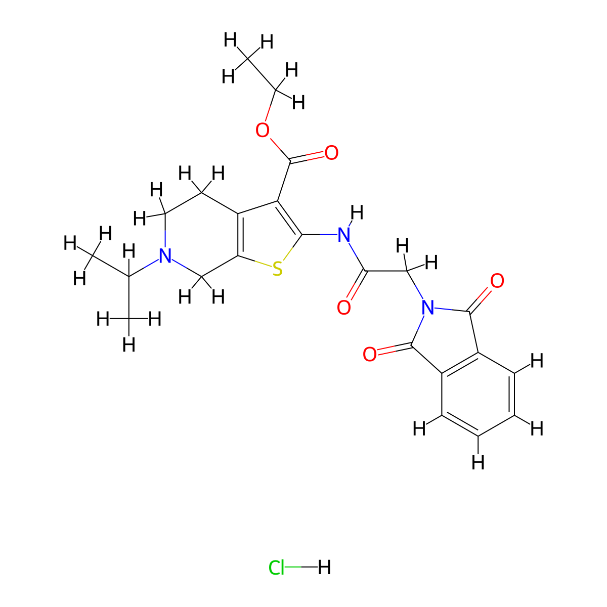 Ethyl 2-(2-(1,3-dioxoisoindolin-2-yl)acetamido)-6-isopropyl-4,5,6,7-tetrahydrothieno[2,3-c]pyridine-3-carboxylate hydrochloride molecular structure, CAS 1329853-16-8
