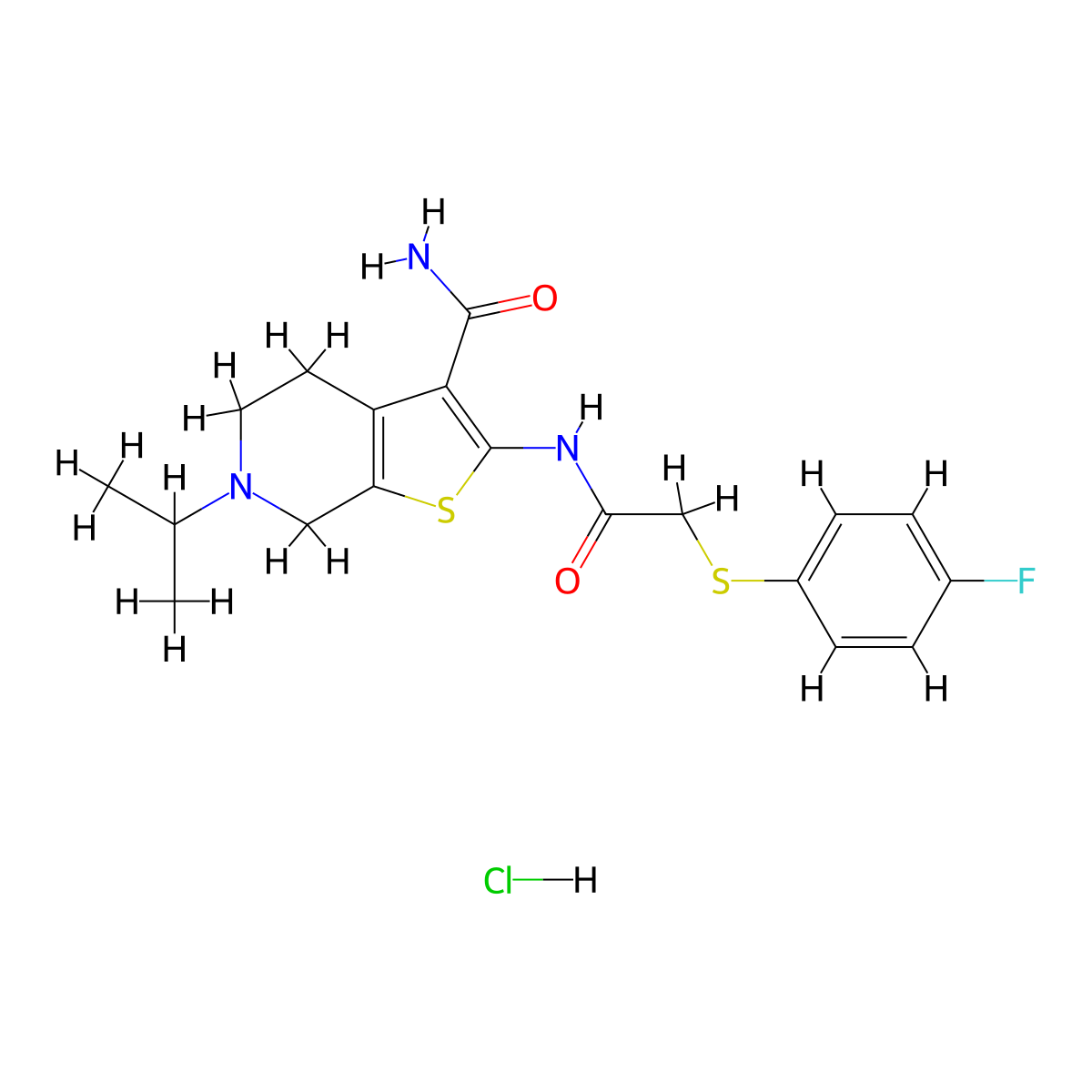 2-(2-((4-Fluorophenyl)thio)acetamido)-6-isopropyl-4,5,6,7-tetrahydrothieno[2,3-c]pyridine-3-carboxamide hydrochloride molecular structure, CAS 1329862-01-2