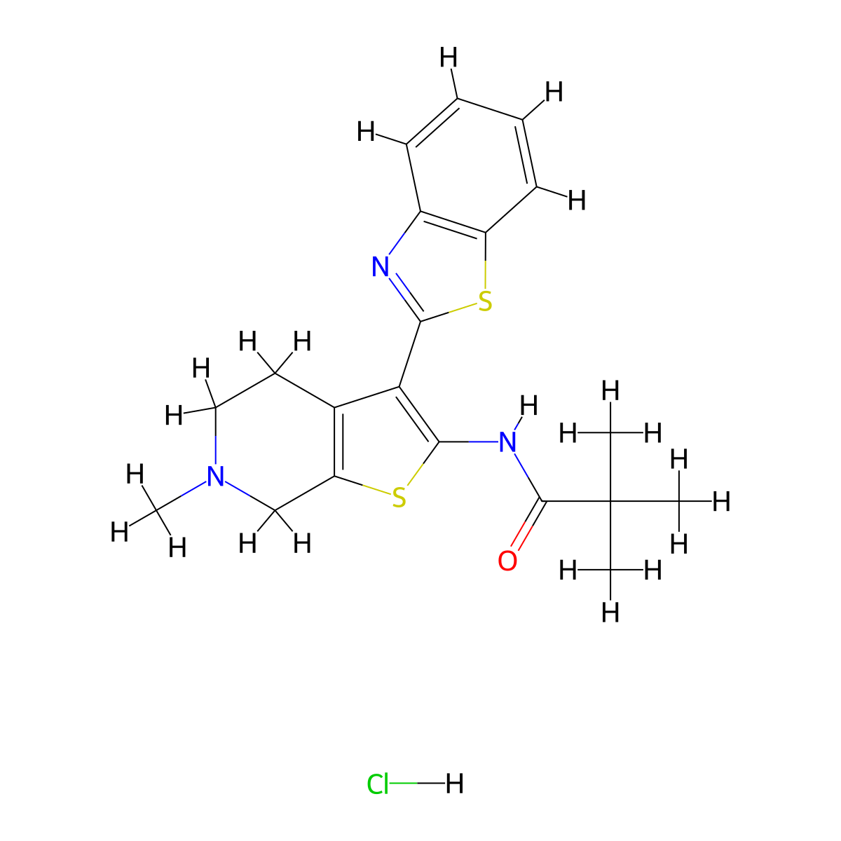 N-(3-(benzo[d]thiazol-2-yl)-6-methyl-4,5,6,7-tetrahydrothieno[2,3-c]pyridin-2-yl)pivalamide hydrochloride molecular structure, CAS 1329862-48-7