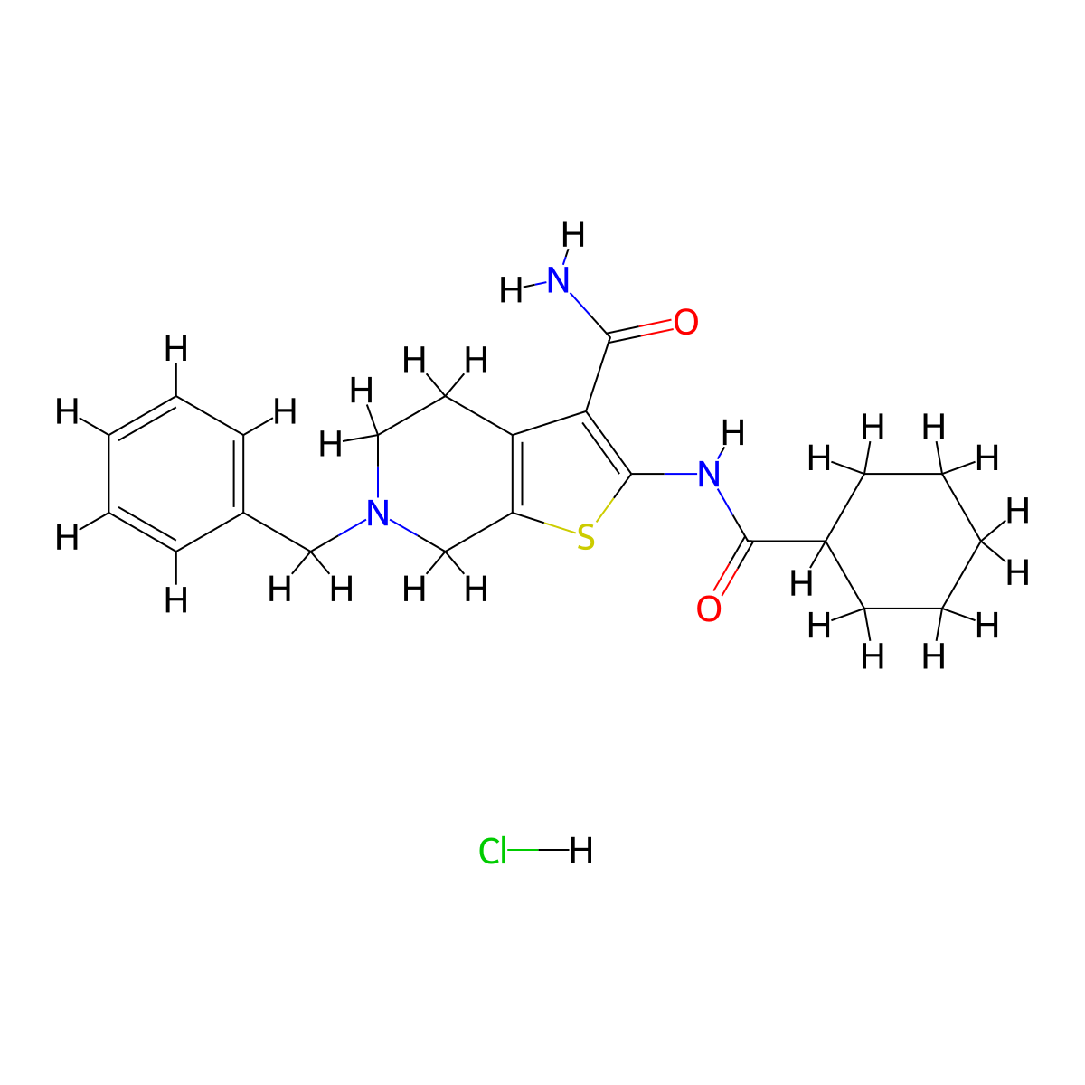 6-Benzyl-2-(cyclohexanecarboxamido)-4,5,6,7-tetrahydrothieno[2,3-c]pyridine-3-carboxamide hydrochloride molecular structure, CAS 1329866-42-3