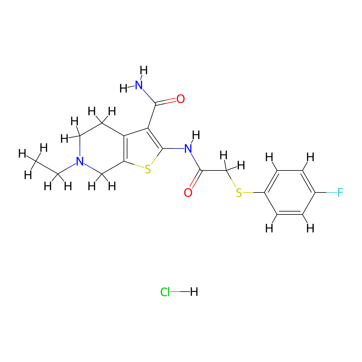 6-Ethyl-2-(2-((4-fluorophenyl)thio)acetamido)-4,5,6,7-tetrahydrothieno[2,3-c]pyridine-3-carboxamide hydrochloride molecular structure, CAS 1329870-18-9