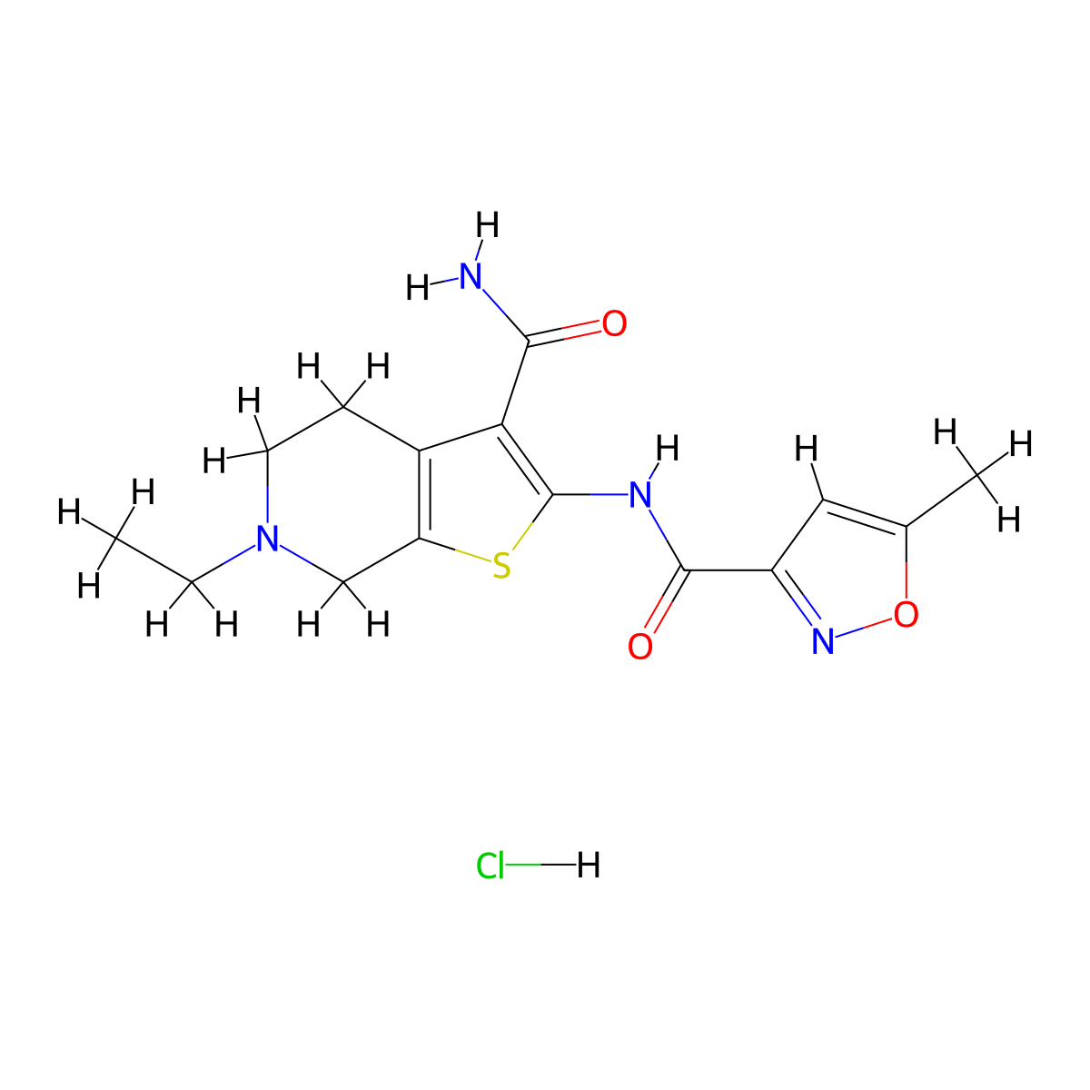 N-(3-carbamoyl-6-ethyl-4,5,6,7-tetrahydrothieno[2,3-c]pyridin-2-yl)-5-methylisoxazole-3-carboxamide hydrochloride molecular structure, CAS 1329870-82-7