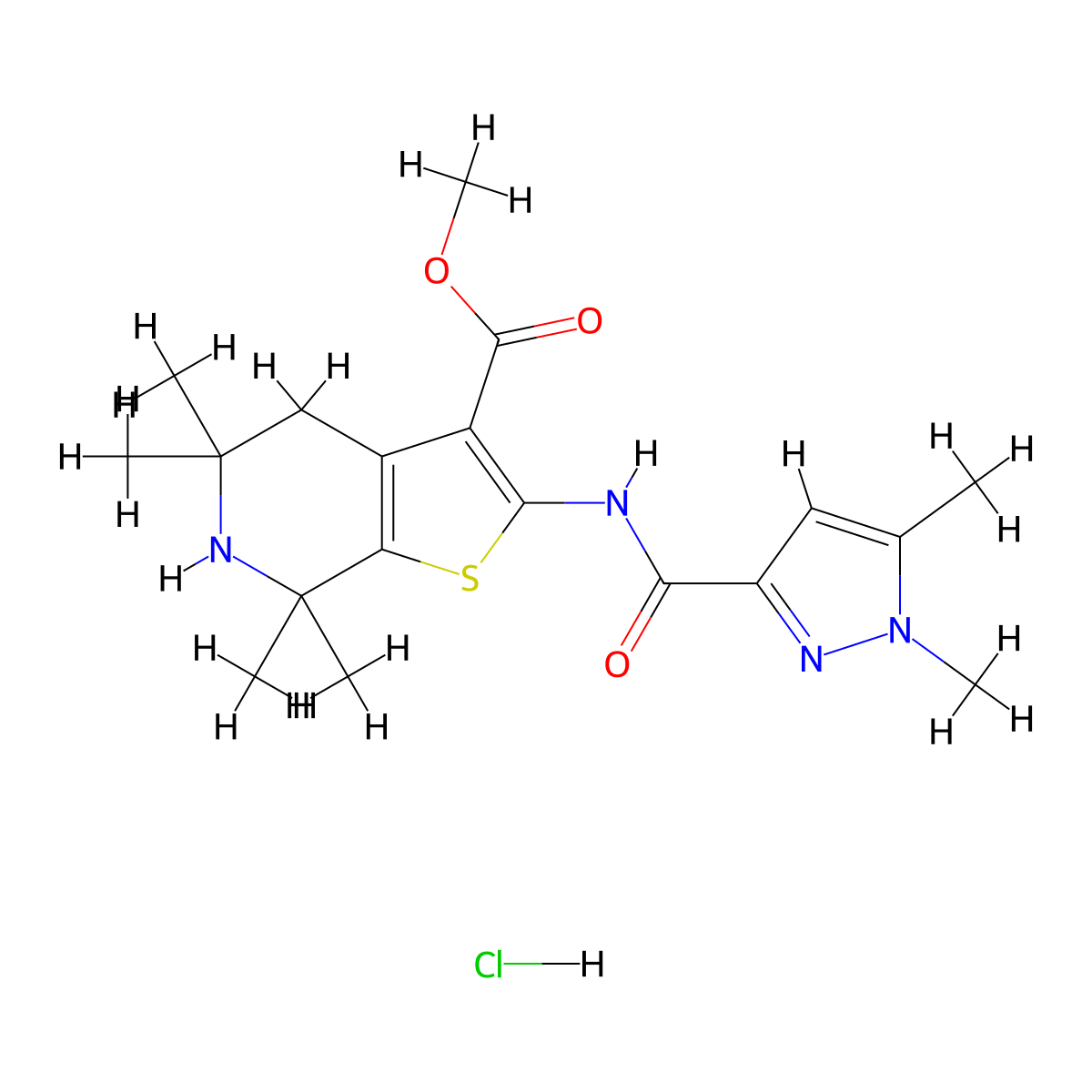 methyl 2-(1,5-dimethyl-1H-pyrazole-3-carboxamido)-5,5,7,7-tetramethyl-4,5,6,7-tetrahydrothieno[2,3-c]pyridine-3-carboxylate hydrochloride molecular structure, CAS 1329871-88-6