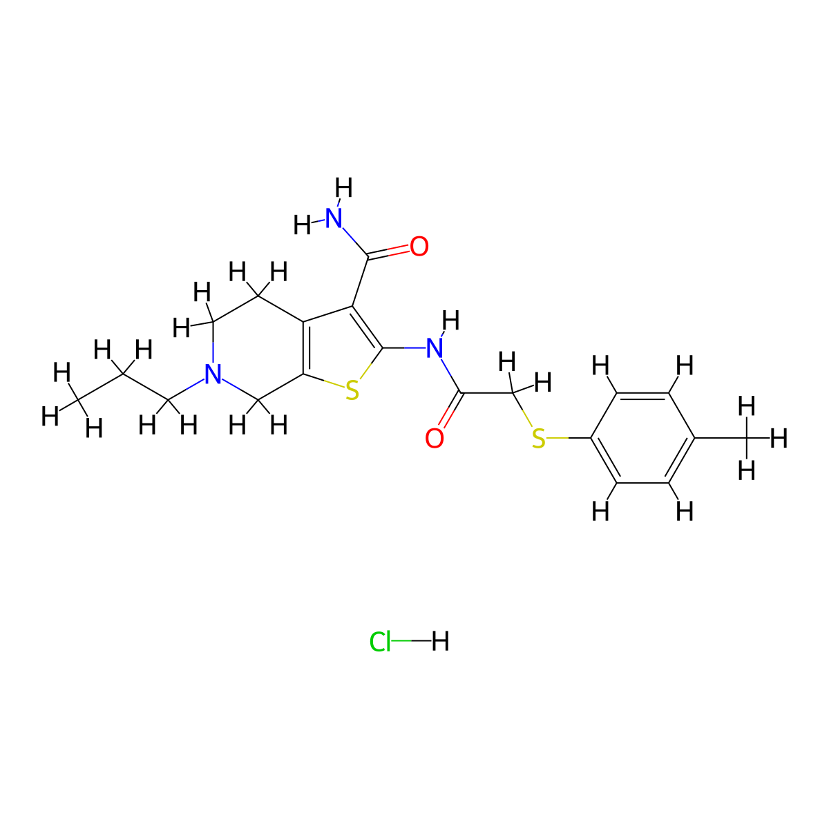 6-Propyl-2-(2-(p-tolylthio)acetamido)-4,5,6,7-tetrahydrothieno[2,3-c]pyridine-3-carboxamide hydrochloride molecular structure, CAS 1329875-65-1