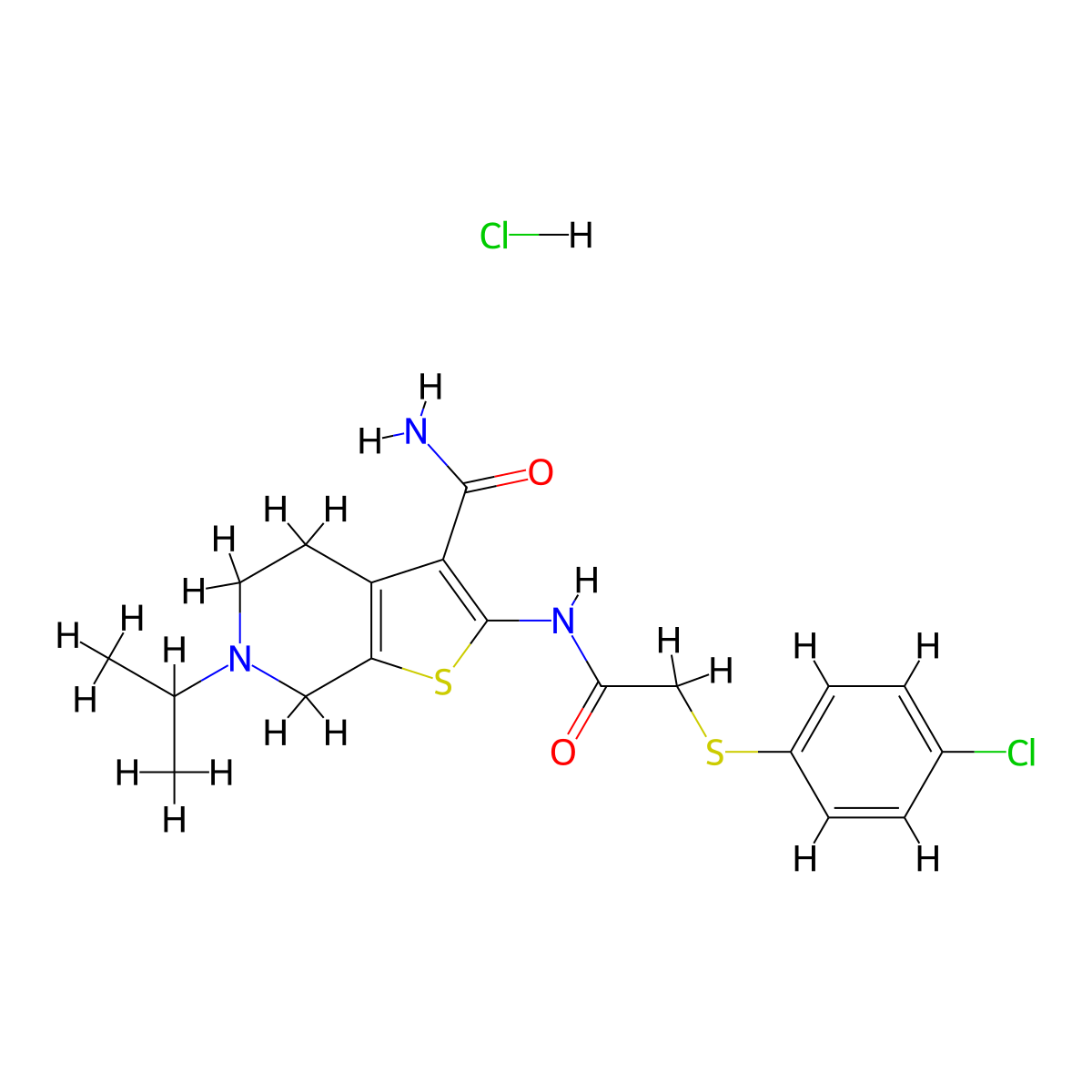 2-{2-[(4-chlorophenyl)sulfanyl]acetamido}-6-(propan-2-yl)-4H,5H,6H,7H-thieno[2,3-c]pyridine-3-carboxamide hydrochloride molecular structure, CAS 1329875-69-5