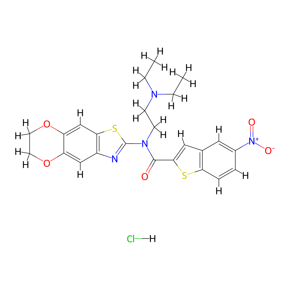 N-[2-(diethylamino)ethyl]-N-{10,13-dioxa-4-thia-6-azatricyclo[7.4.0.0^{3,7}]trideca-1,3(7),5,8-tetraen-5-yl}-5-nitro-1-benzothiophene-2-carboxamide hydrochloride molecular structure, CAS 1329888-44-9
