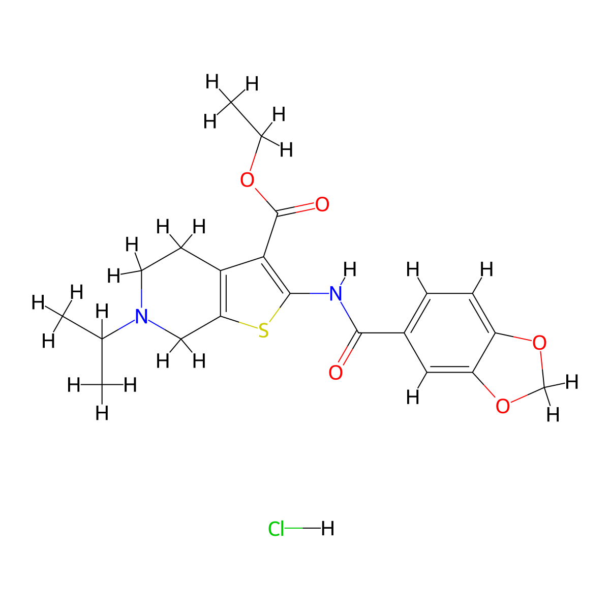 Ethyl 2-(benzo[d][1,3]dioxole-5-carboxamido)-6-isopropyl-4,5,6,7-tetrahydrothieno[2,3-c]pyridine-3-carboxylate hydrochloride molecular structure, CAS 1329890-28-9