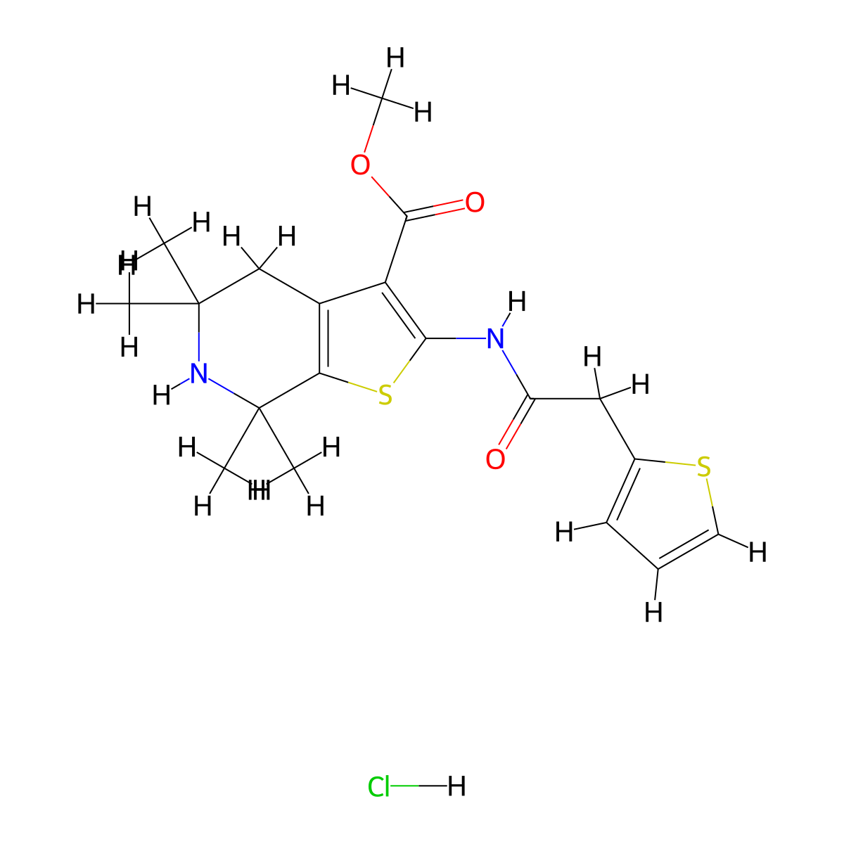 Methyl 5,5,7,7-tetramethyl-2-(2-(thiophen-2-yl)acetamido)-4,5,6,7-tetrahydrothieno[2,3-c]pyridine-3-carboxylate hydrochloride molecular structure, CAS 1329890-90-5