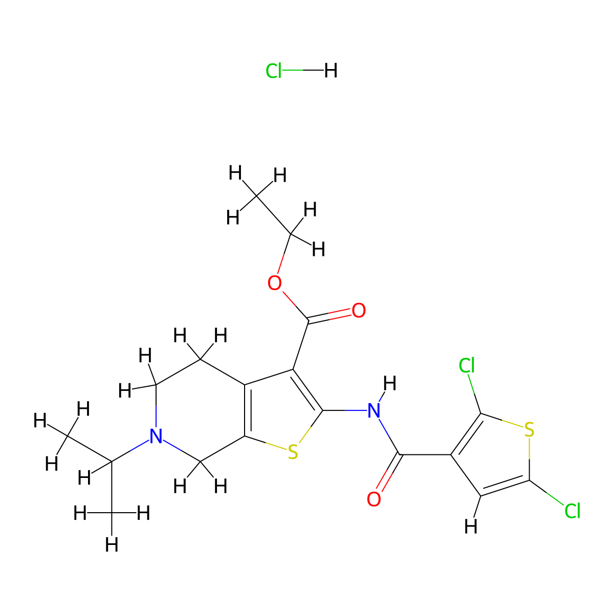 Ethyl 2-(2,5-dichlorothiophene-3-carboxamido)-6-isopropyl-4,5,6,7-tetrahydrothieno[2,3-c]pyridine-3-carboxylate hydrochloride molecular structure, CAS 1329894-25-8