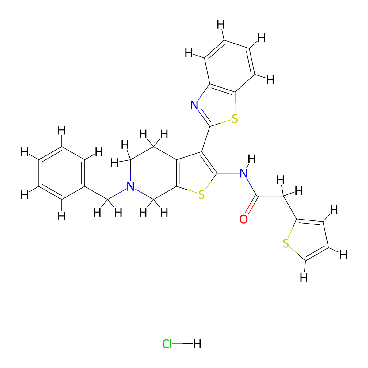 N-(3-(benzo[d]thiazol-2-yl)-6-benzyl-4,5,6,7-tetrahydrothieno[2,3-c]pyridin-2-yl)-2-(thiophen-2-yl)acetamide hydrochloride molecular structure, CAS 1329894-90-7