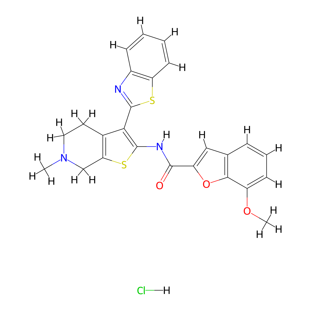 N-(3-(benzo[d]thiazol-2-yl)-6-methyl-4,5,6,7-tetrahydrothieno[2,3-c]pyridin-2-yl)-7-methoxybenzofuran-2-carboxamide hydrochloride molecular structure, CAS 1329901-27-0