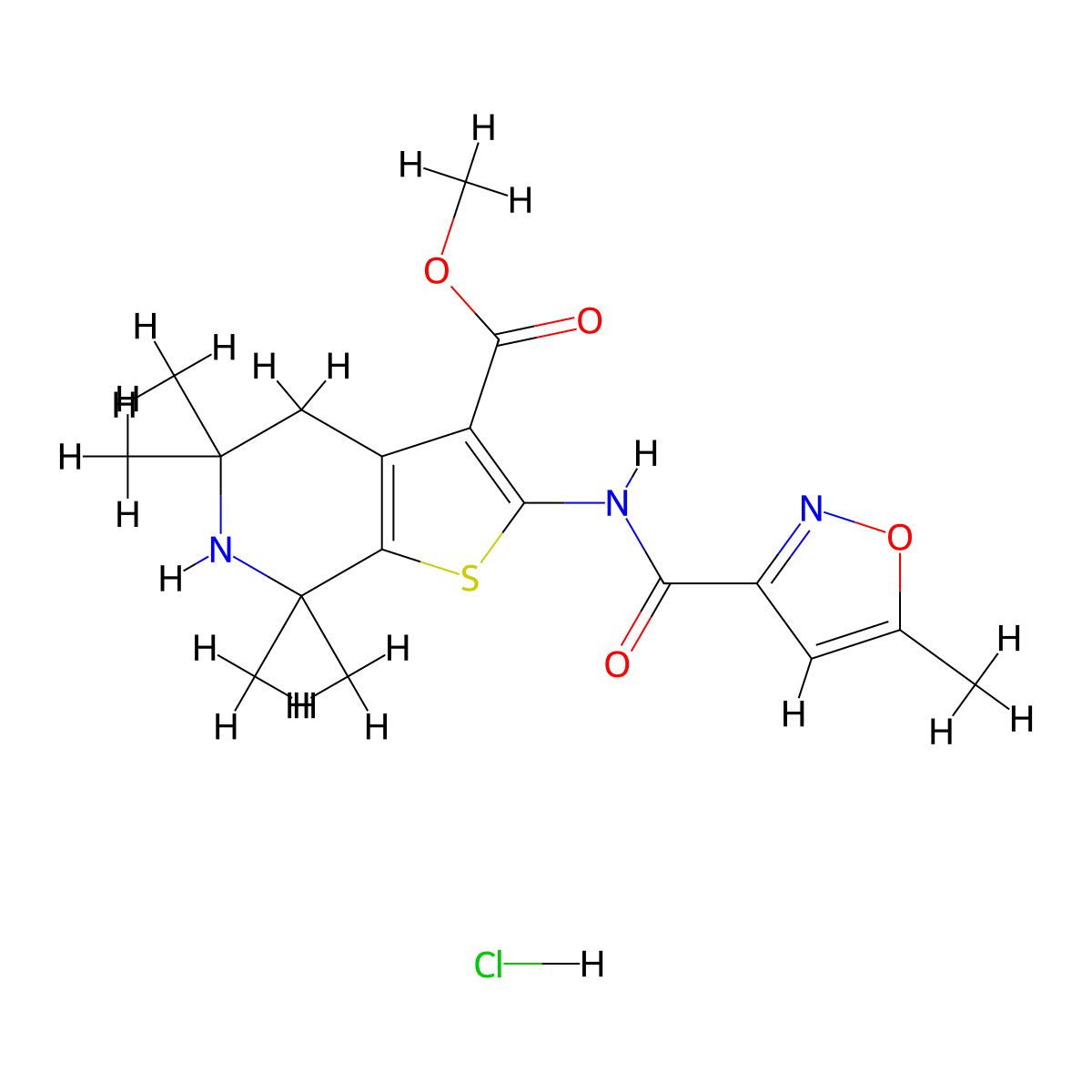 Methyl 5,5,7,7-tetramethyl-2-(5-methylisoxazole-3-carboxamido)-4,5,6,7-tetrahydrothieno[2,3-c]pyridine-3-carboxylate hydrochloride molecular structure, CAS 1329923-81-0