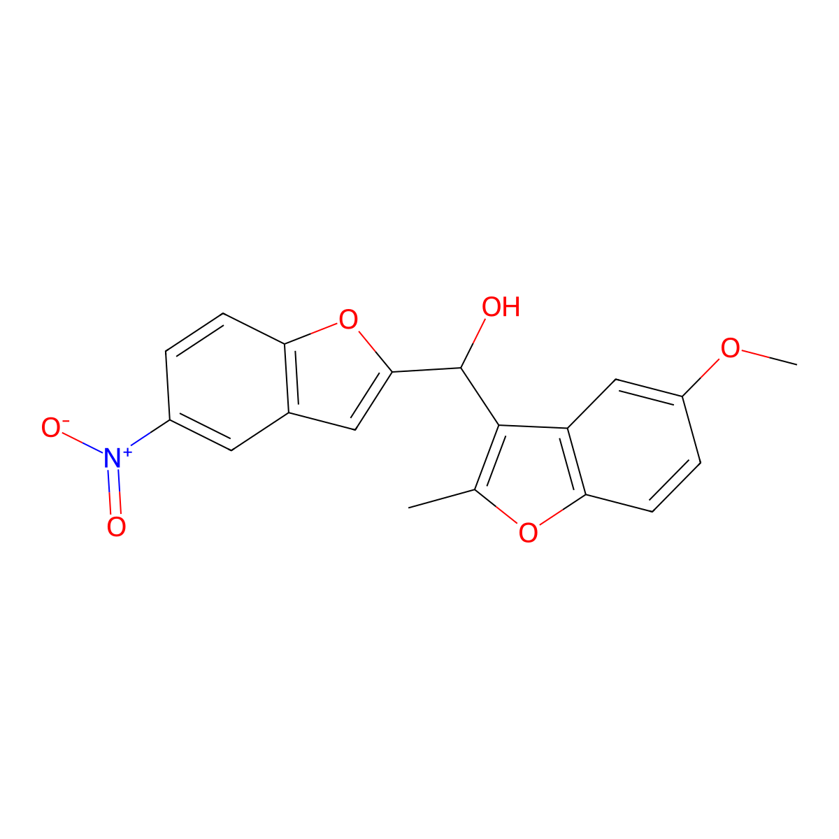 (5-Methoxy-2-methyl-1-benzofuran-3-yl)-(5-nitro-1-benzofuran-2-yl)methanol molecular structure, CAS 132993-85-2
