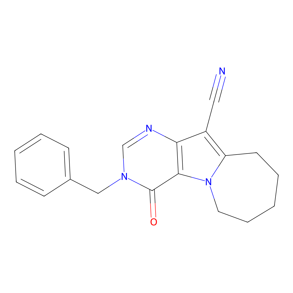 3-benzyl-4-oxo-4,6,7,8,9,10-hexahydro-3H-pyrimido[4',5':4,5]pyrrolo[1,2-a]azepine-11-carbonitrile molecular structure, CAS 132994-12-8