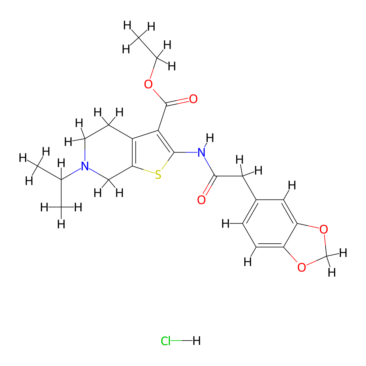 Ethyl 2-(2-(benzo[d][1,3]dioxol-5-yl)acetamido)-6-isopropyl-4,5,6,7-tetrahydrothieno[2,3-c]pyridine-3-carboxylate hydrochloride molecular structure, CAS 1329941-12-9