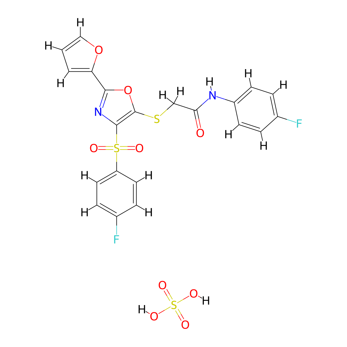 N-(4-fluorophenyl)-2-((4-((4-fluorophenyl)sulfonyl)-2-(furan-2-yl)oxazol-5-yl)thio)acetamide sulfate molecular structure, CAS 1329960-62-4