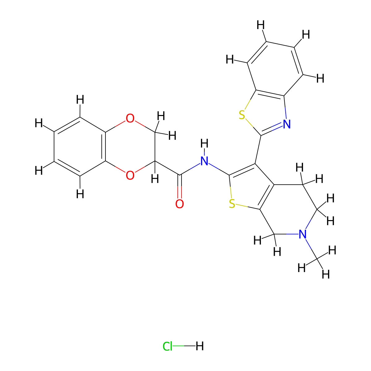 N-(3-(benzo[d]thiazol-2-yl)-6-methyl-4,5,6,7-tetrahydrothieno[2,3-c]pyridin-2-yl)-2,3-dihydrobenzo[b][1,4]dioxine-2-carboxamide hydrochloride molecular structure, CAS 1329971-94-9
