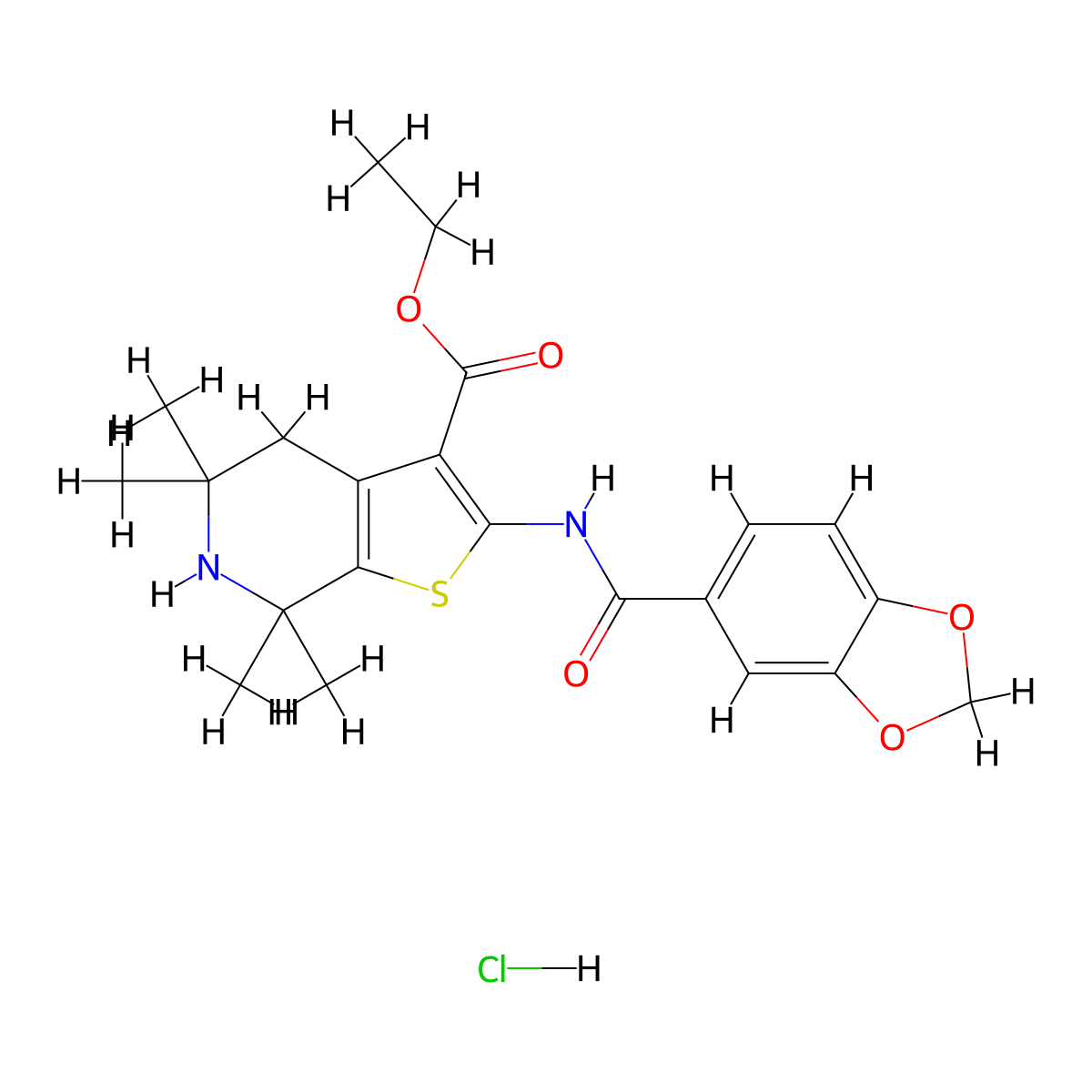 Ethyl 2-(benzo[d][1,3]dioxole-5-carboxamido)-5,5,7,7-tetramethyl-4,5,6,7-tetrahydrothieno[2,3-c]pyridine-3-carboxylate hydrochloride molecular structure, CAS 1329988-39-7