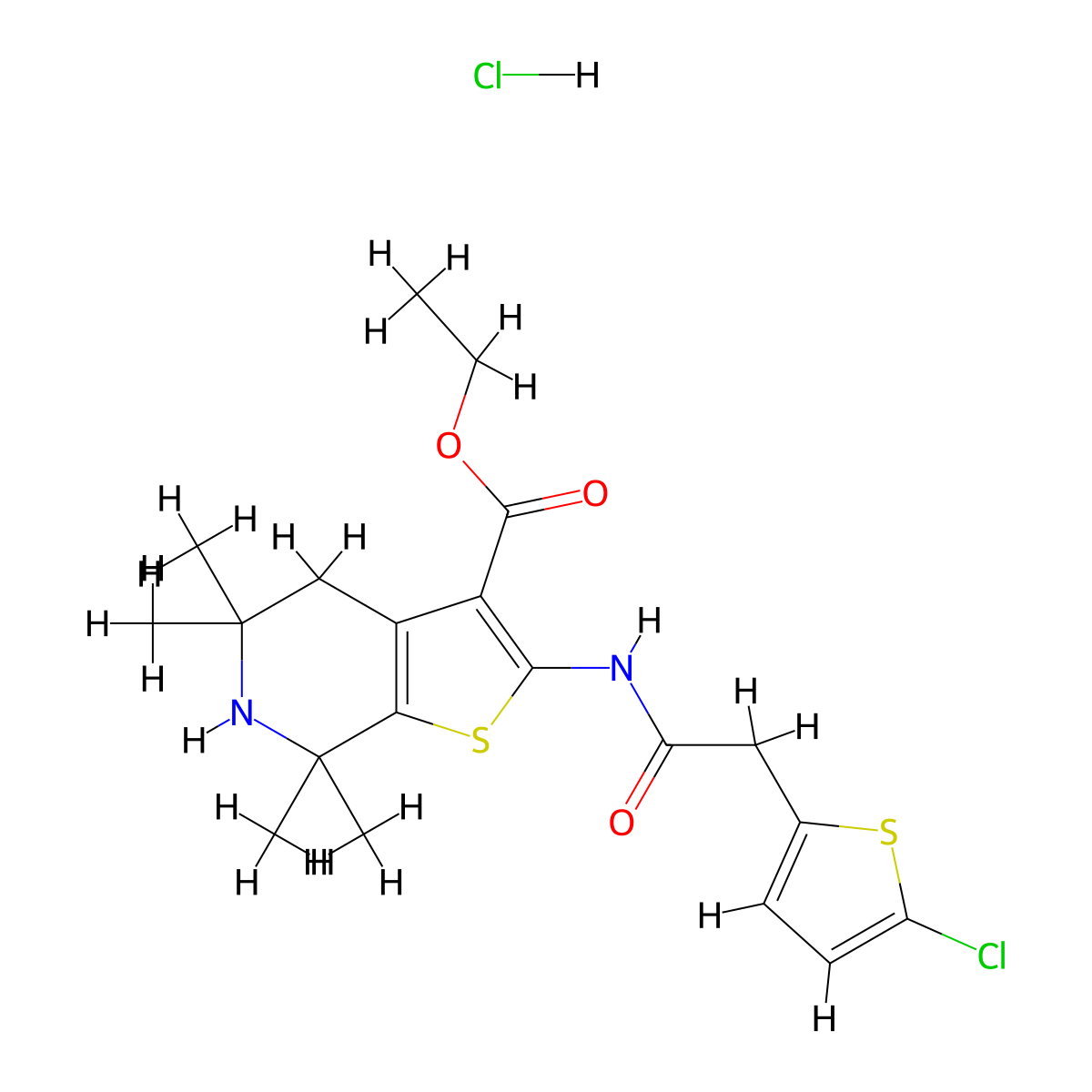 Ethyl 2-(2-(5-chlorothiophen-2-yl)acetamido)-5,5,7,7-tetramethyl-4,5,6,7-tetrahydrothieno[2,3-c]pyridine-3-carboxylate hydrochloride molecular structure, CAS 1330016-46-0
