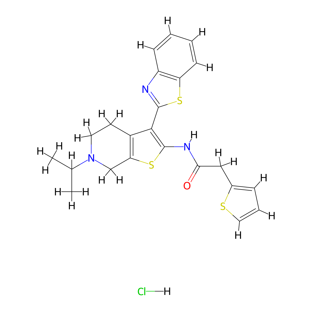N-(3-(benzo[d]thiazol-2-yl)-6-isopropyl-4,5,6,7-tetrahydrothieno[2,3-c]pyridin-2-yl)-2-(thiophen-2-yl)acetamide hydrochloride molecular structure, CAS 1330016-73-3