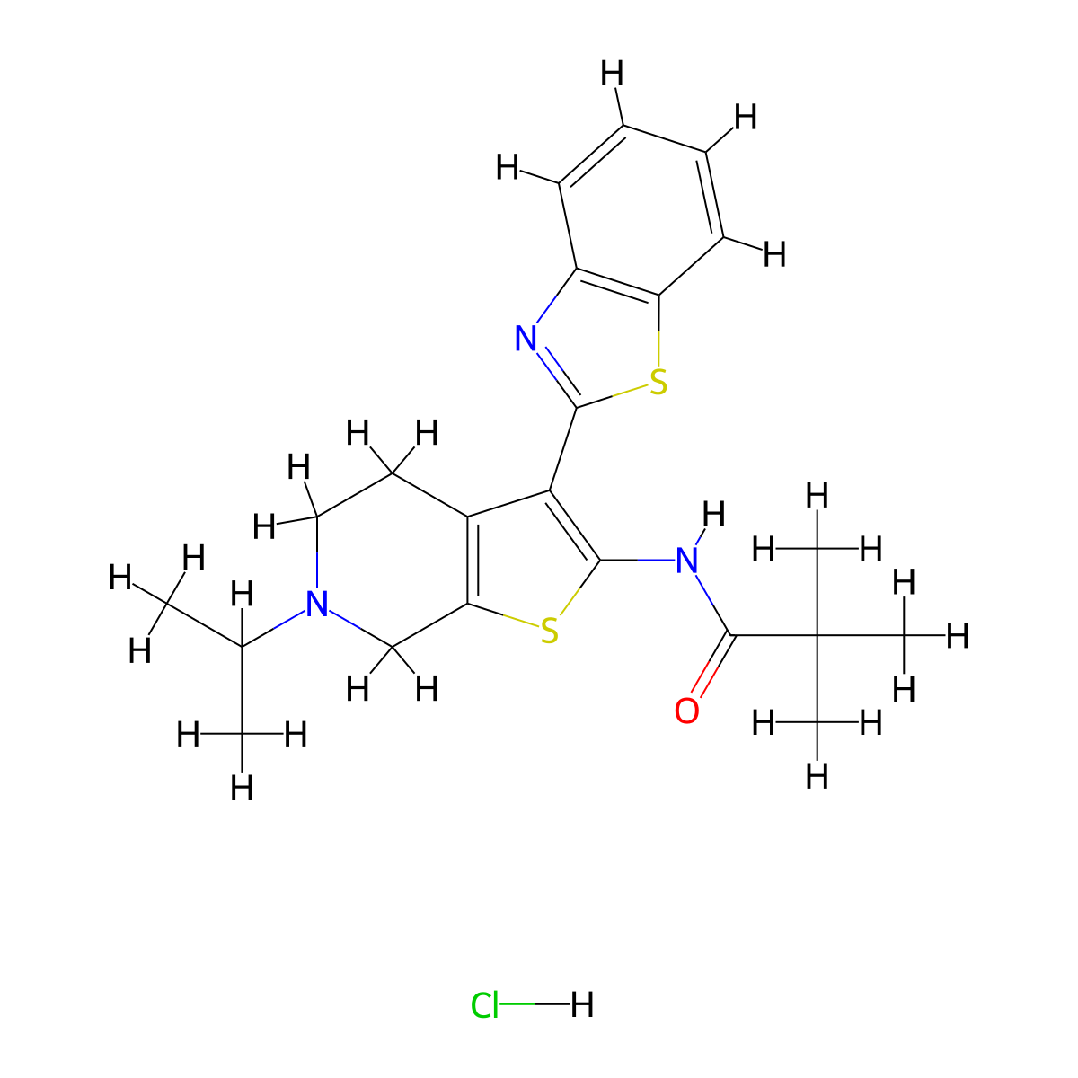 N-(3-(benzo[d]thiazol-2-yl)-6-isopropyl-4,5,6,7-tetrahydrothieno[2,3-c]pyridin-2-yl)pivalamide hydrochloride molecular structure, CAS 1330038-17-9