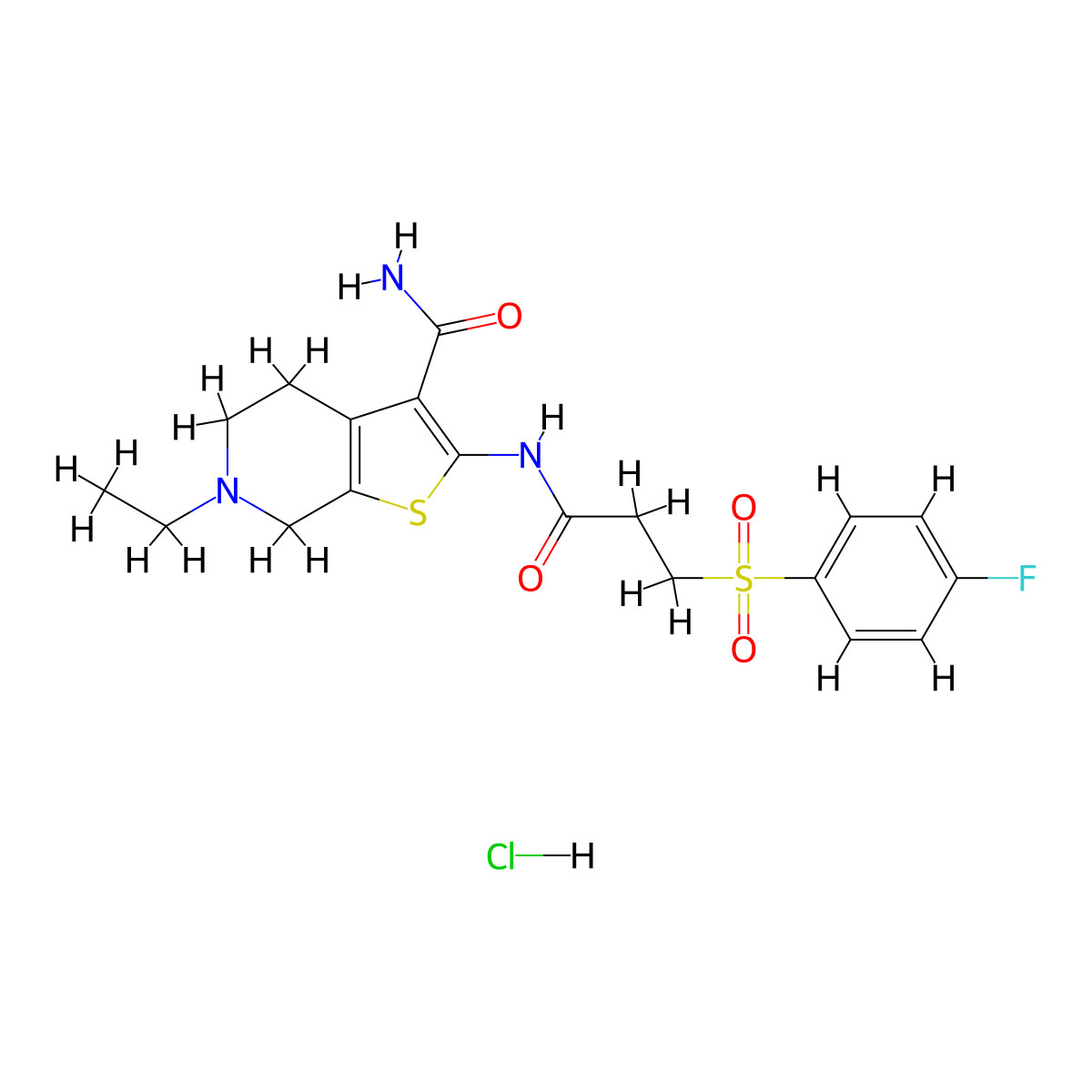 6-Ethyl-2-(3-((4-fluorophenyl)sulfonyl)propanamido)-4,5,6,7-tetrahydrothieno[2,3-c]pyridine-3-carboxamide hydrochloride molecular structure, CAS 1330127-23-5
