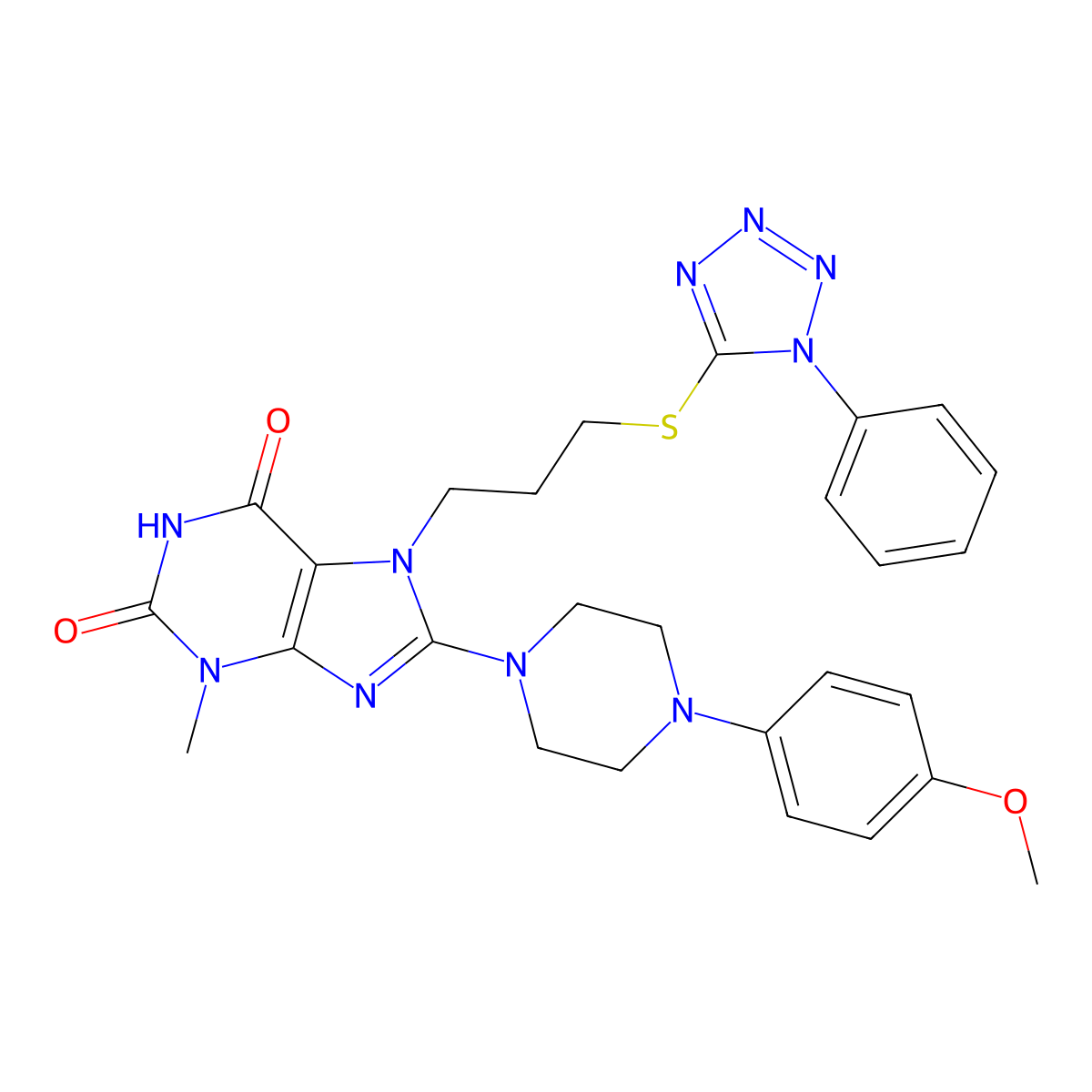 8-[4-(4-methoxyphenyl)piperazin-1-yl]-3-methyl-7-{3-[(1-phenyl-1H-1,2,3,4-tetrazol-5-yl)sulfanyl]propyl}-2,3,6,7-tetrahydro-1H-purine-2,6-dione molecular structure, CAS 1330163-63-7