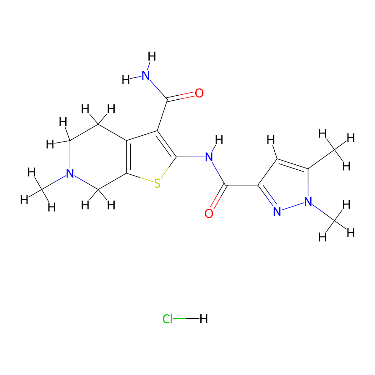 2-(1,5-dimethyl-1H-pyrazole-3-carboxamido)-6-methyl-4,5,6,7-tetrahydrothieno[2,3-c]pyridine-3-carboxamide hydrochloride molecular structure, CAS 1330277-39-8