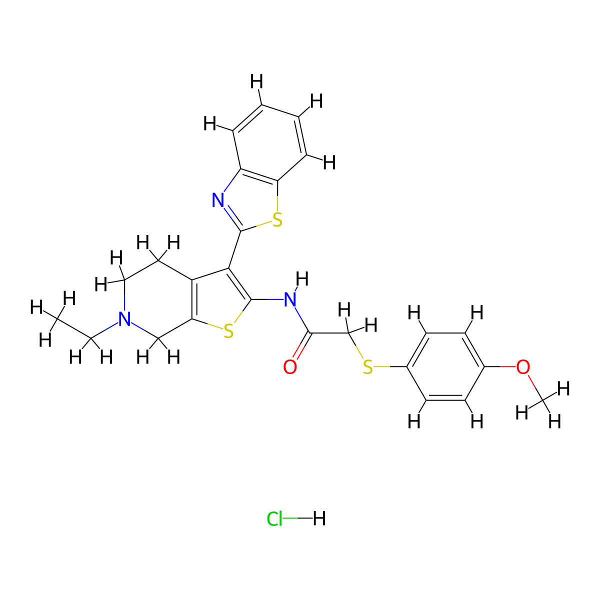 N-(3-(benzo[d]thiazol-2-yl)-6-ethyl-4,5,6,7-tetrahydrothieno[2,3-c]pyridin-2-yl)-2-((4-methoxyphenyl)thio)acetamide hydrochloride molecular structure, CAS 1330283-60-7