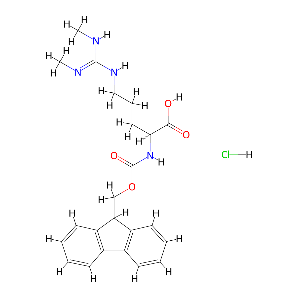 (S)-2-((((9H-Fluoren-9-yl)methoxy)carbonyl)amino)-5-((bis(methylamino)methylene)amino)pentanoic acid hydrochloride molecular structure, CAS 1330286-46-8