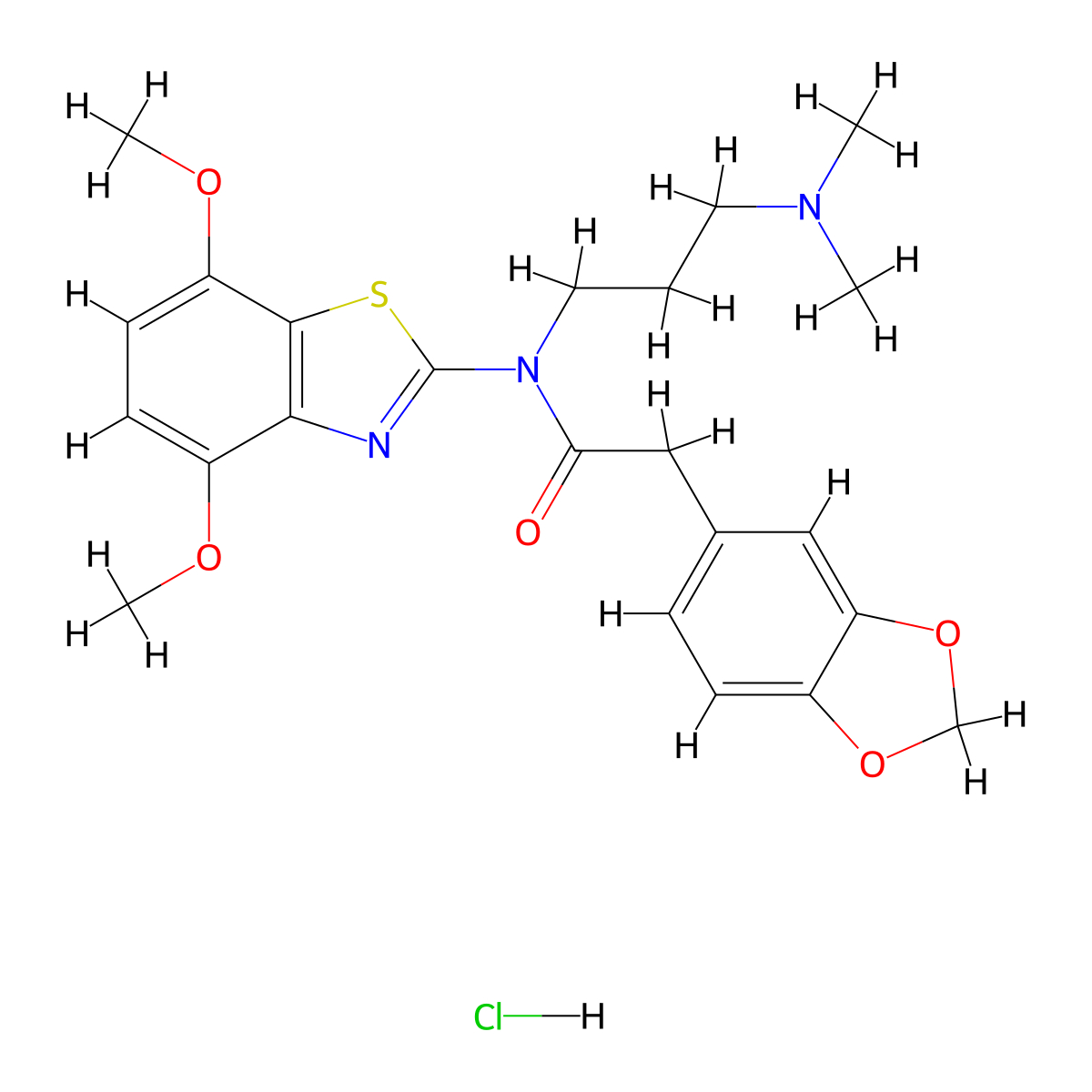 2-(benzo[d][1,3]dioxol-5-yl)-N-(4,7-dimethoxybenzo[d]thiazol-2-yl)-N-(3-(dimethylamino)propyl)acetamide hydrochloride molecular structure, CAS 1330292-82-4