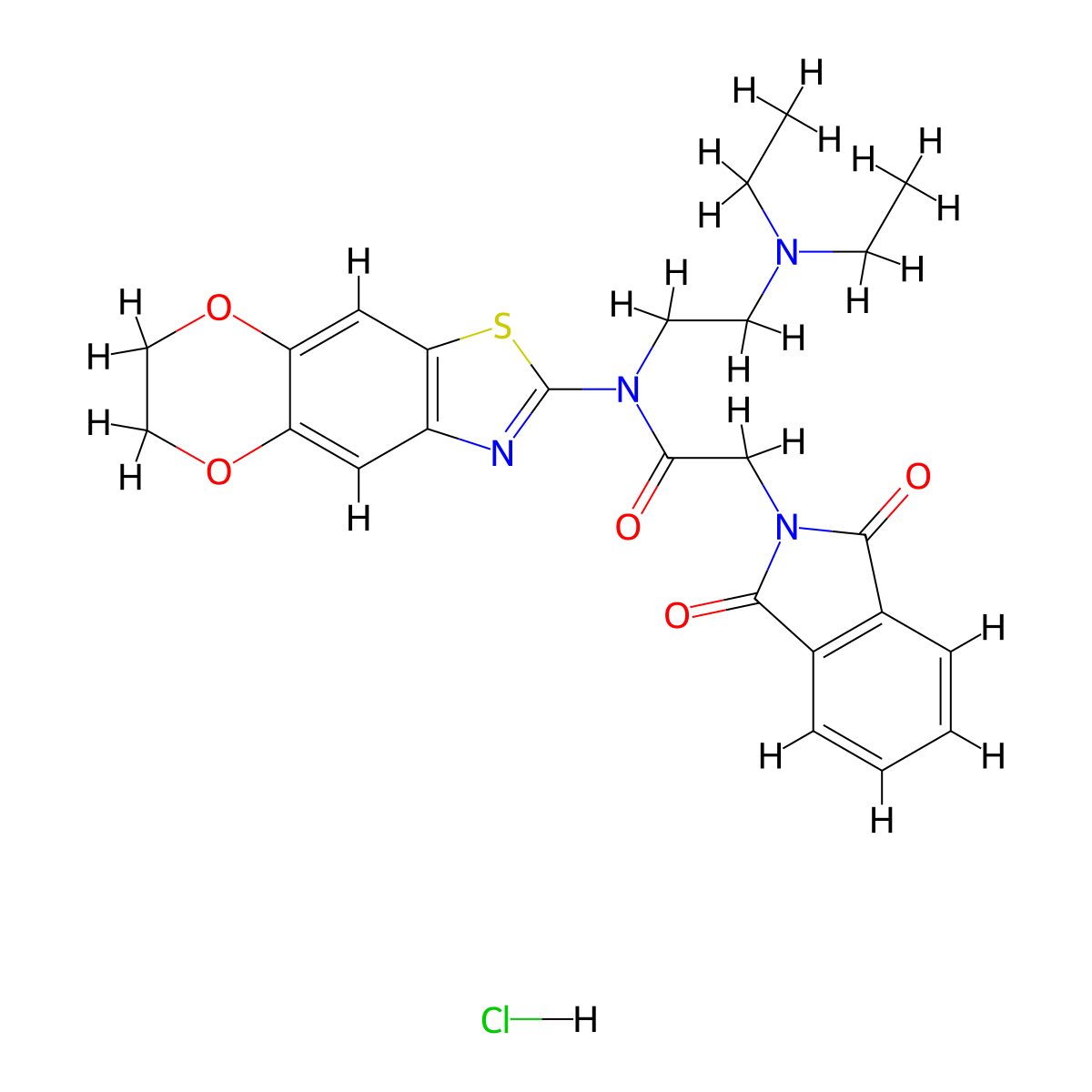N-[2-(diethylamino)ethyl]-N-{10,13-dioxa-4-thia-6-azatricyclo[7.4.0.0^{3,7}]trideca-1,3(7),5,8-tetraen-5-yl}-2-(1,3-dioxo-2,3-dihydro-1H-isoindol-2-yl)acetamide hydrochloride molecular structure, CAS 1330293-15-6