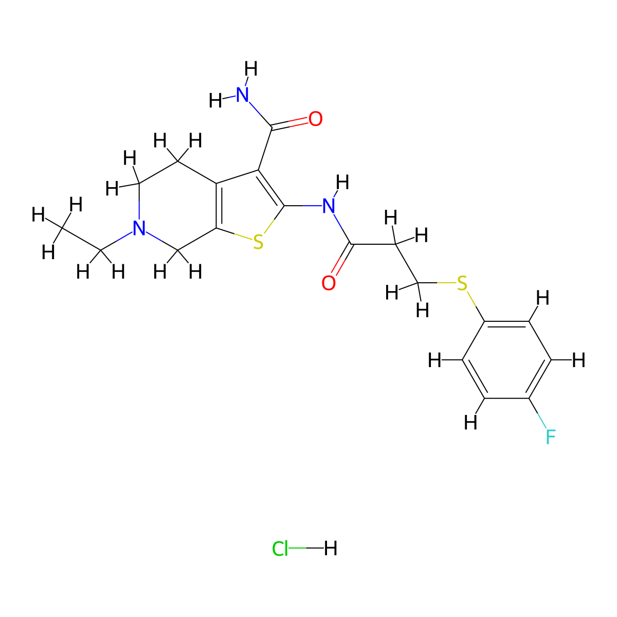 6-Ethyl-2-(3-((4-fluorophenyl)thio)propanamido)-4,5,6,7-tetrahydrothieno[2,3-c]pyridine-3-carboxamide hydrochloride molecular structure, CAS 1330294-60-4