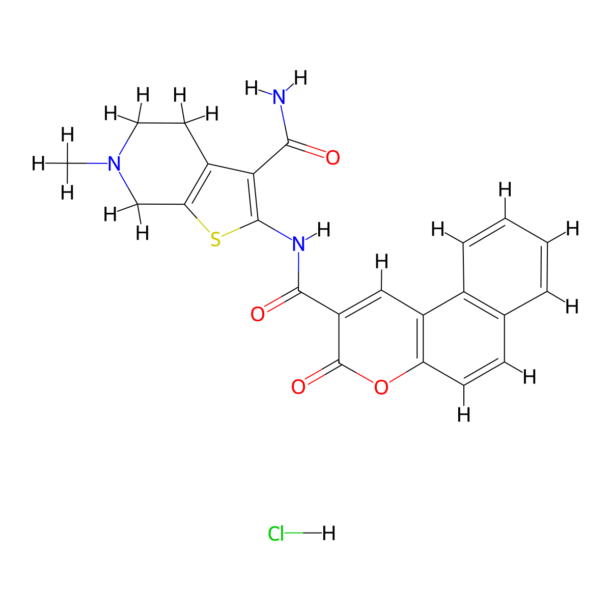 6-methyl-2-(3-oxo-3H-benzo[f]chromene-2-carboxamido)-4,5,6,7-tetrahydrothieno[2,3-c]pyridine-3-carboxamide hydrochloride molecular structure, CAS 1330295-32-3