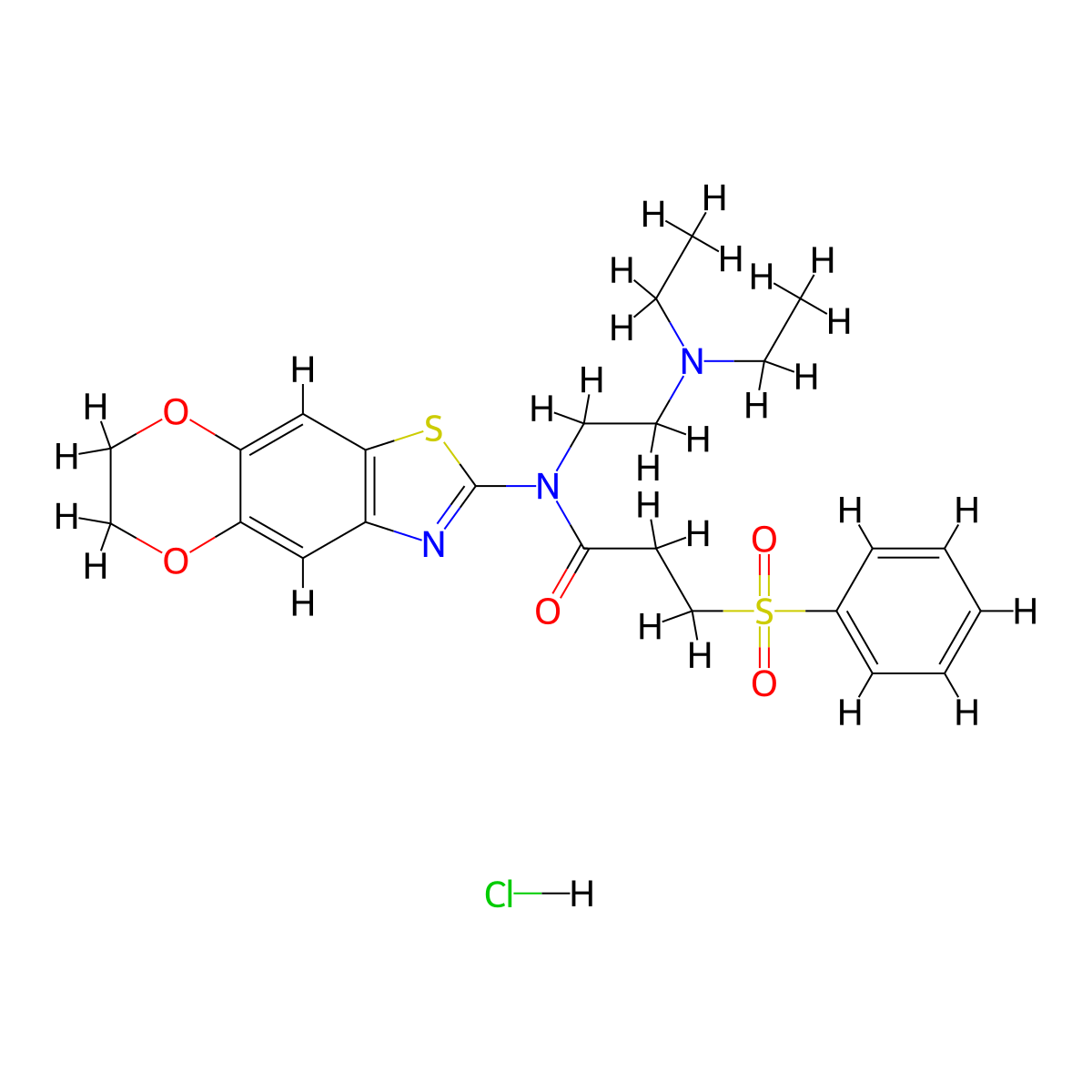 3-(benzenesulfonyl)-N-[2-(diethylamino)ethyl]-N-{10,13-dioxa-4-thia-6-azatricyclo[7.4.0.0^{3,7}]trideca-1,3(7),5,8-tetraen-5-yl}propanamide hydrochloride molecular structure, CAS 1330295-74-3