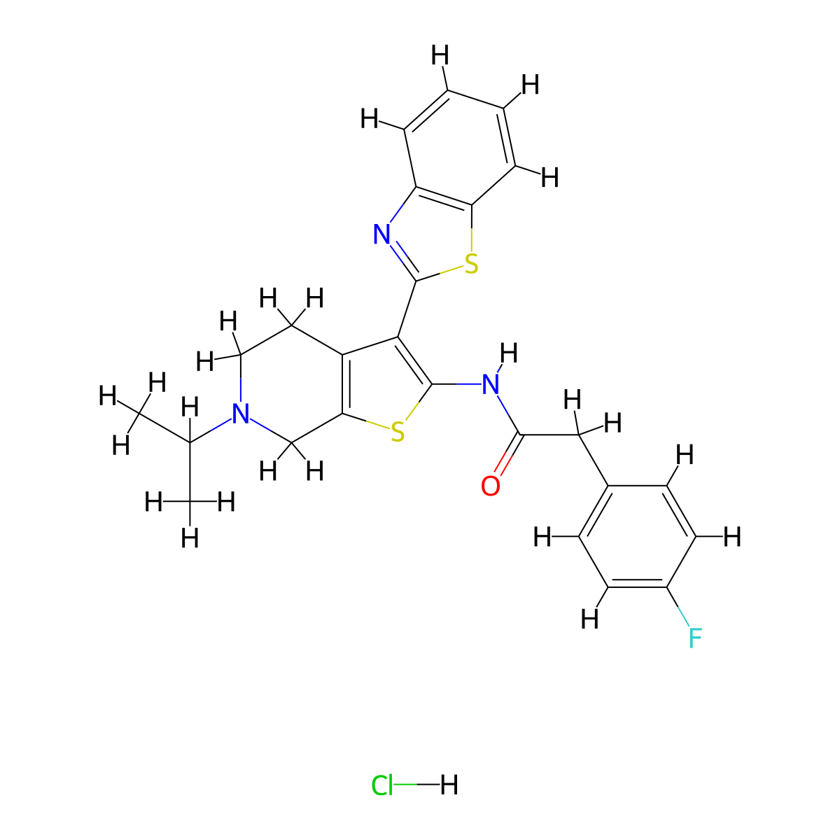 N-(3-(benzo[d]thiazol-2-yl)-6-isopropyl-4,5,6,7-tetrahydrothieno[2,3-c]pyridin-2-yl)-2-(4-fluorophenyl)acetamide hydrochloride molecular structure, CAS 1330297-96-5