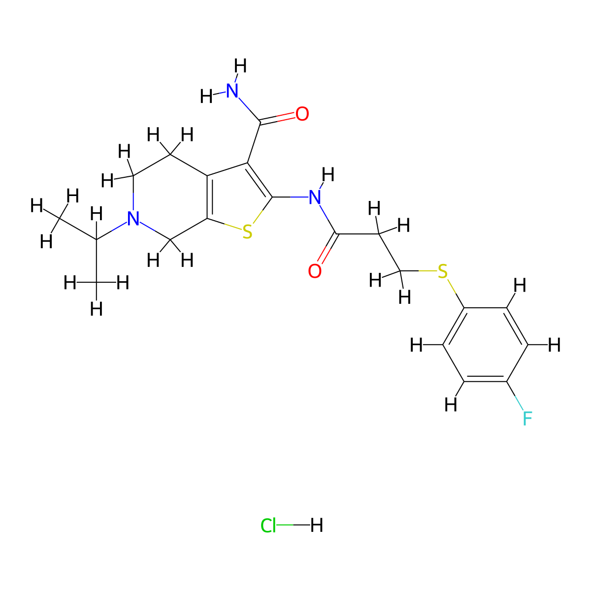 2-(3-((4-Fluorophenyl)thio)propanamido)-6-isopropyl-4,5,6,7-tetrahydrothieno[2,3-c]pyridine-3-carboxamide hydrochloride molecular structure, CAS 1330299-54-1